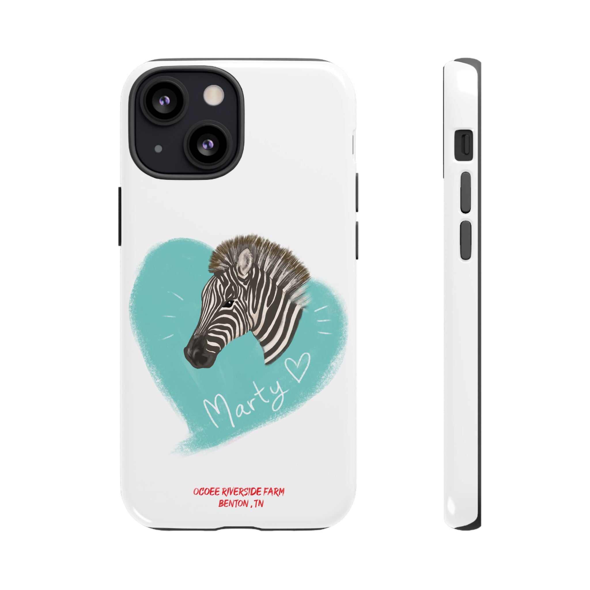 A zebra adorned with the word "Marty" creatively integrated into its stripes at Ocoee Riverside Farm Phone Case