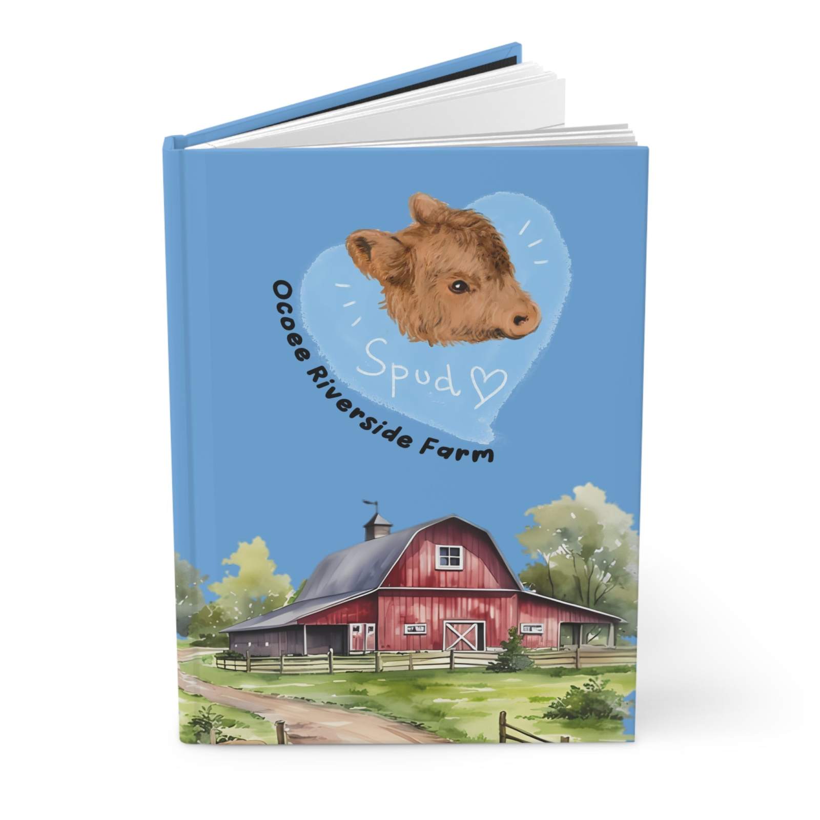 Hardcover Rustic Cow Journal with farm illustration and cow portrait on blue cover
