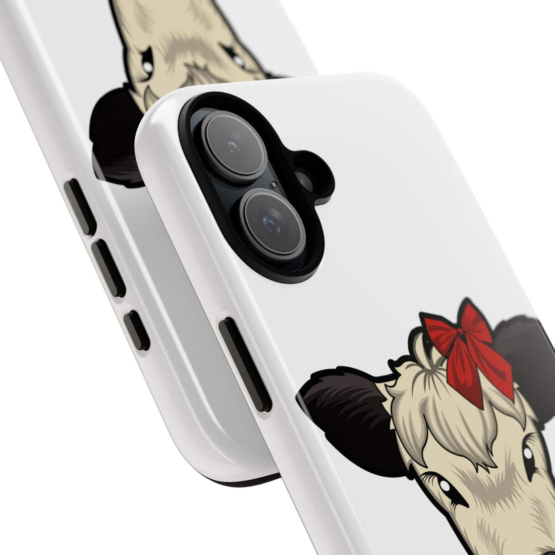 Farmhouse Chic Phone Case with Dolly the Cow and Red Bow design, offering rustic elegance and protection.