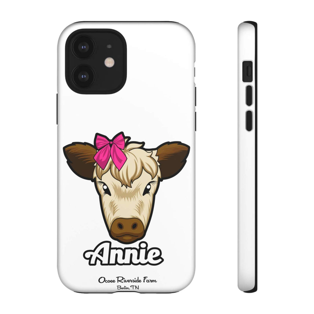 Cute cow phone case with red bow, perfect farm animal lover gift.