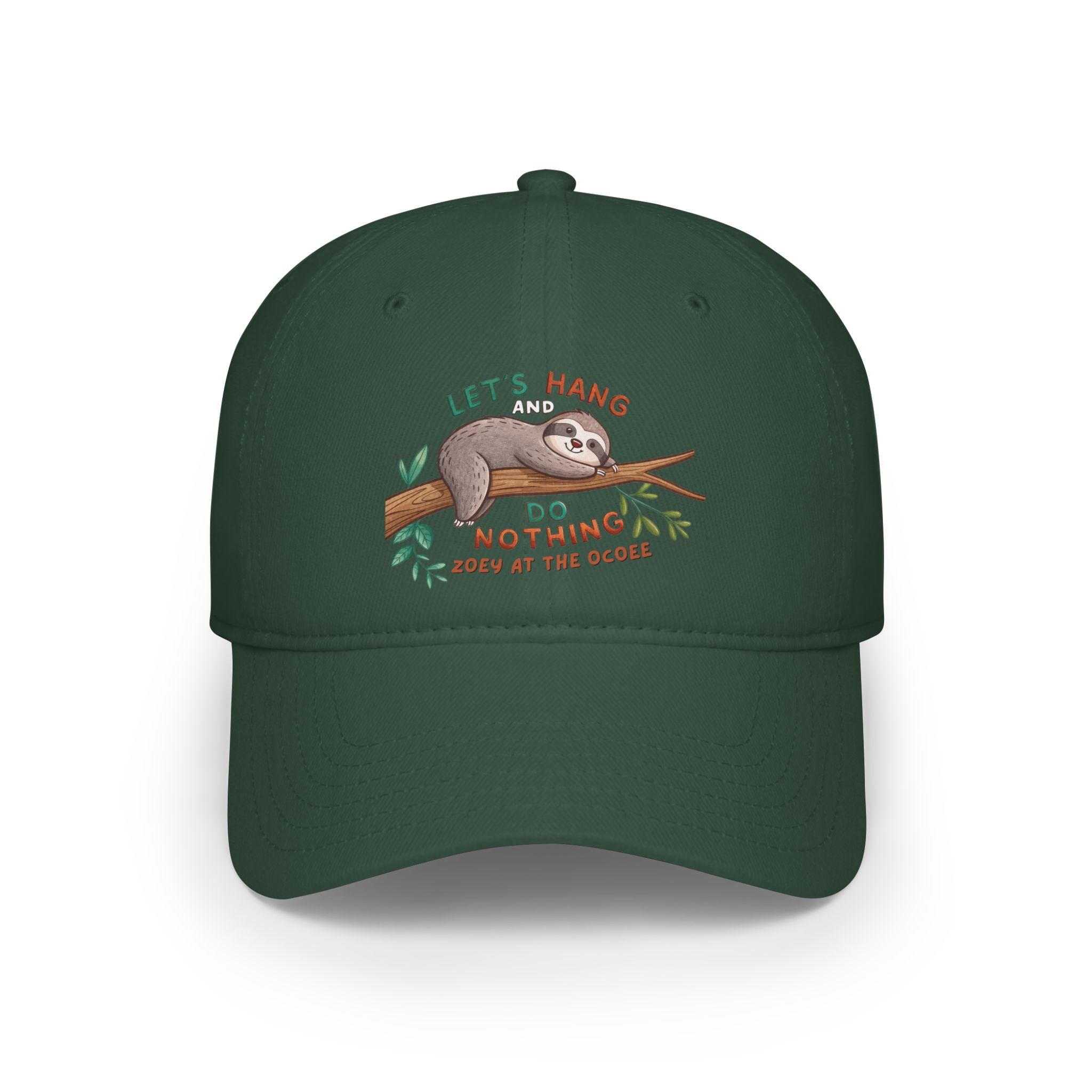 Cute Sloth Lover Low Profile Baseball Cap - "Let's Hang and Do Nothing"- Zoe at Ocoee Riverside Farm