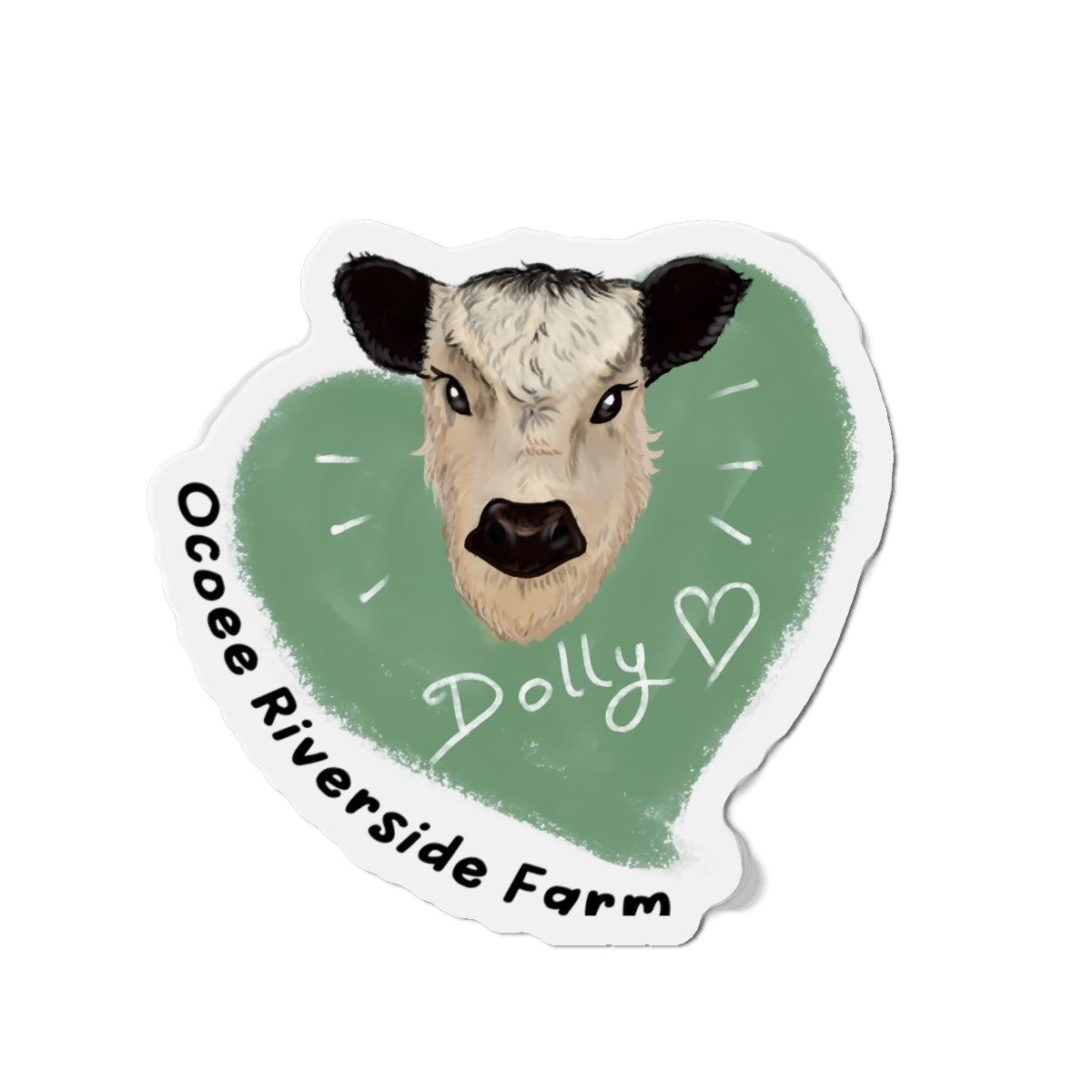 Cute Cow Die-Cut Magnet featuring a cow head illustration with "Dolly" and "Ocoee Riverside Farm" text on a green background.