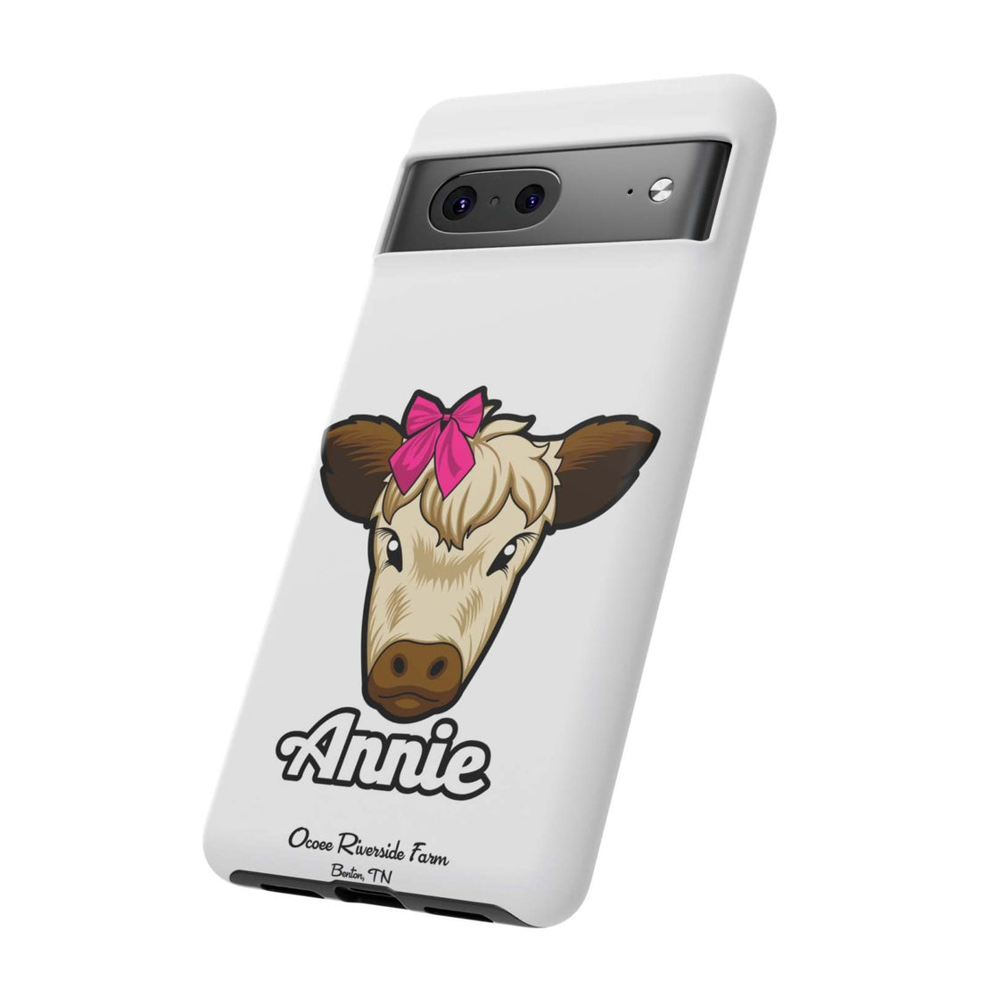 Cute cow phone case with red bow and farmhouse design, ideal farm animal lover gift.