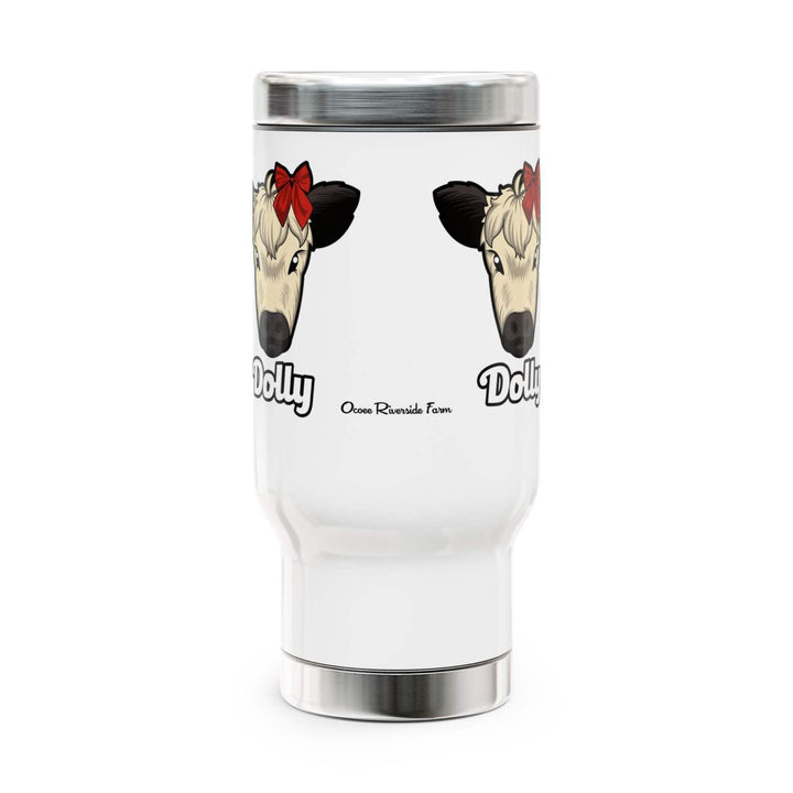 Farmhouse Cow Travel Mug with Dolly the Red Bow Cow design, 14oz stainless steel insulated coffee tumbler
