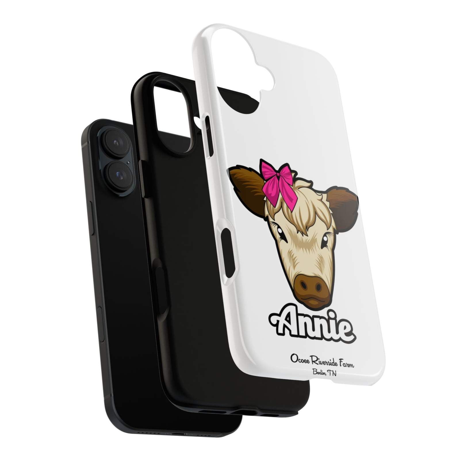 Cute Annie the Cow phone case with red bow, ideal farm animal lover gift, durable design.