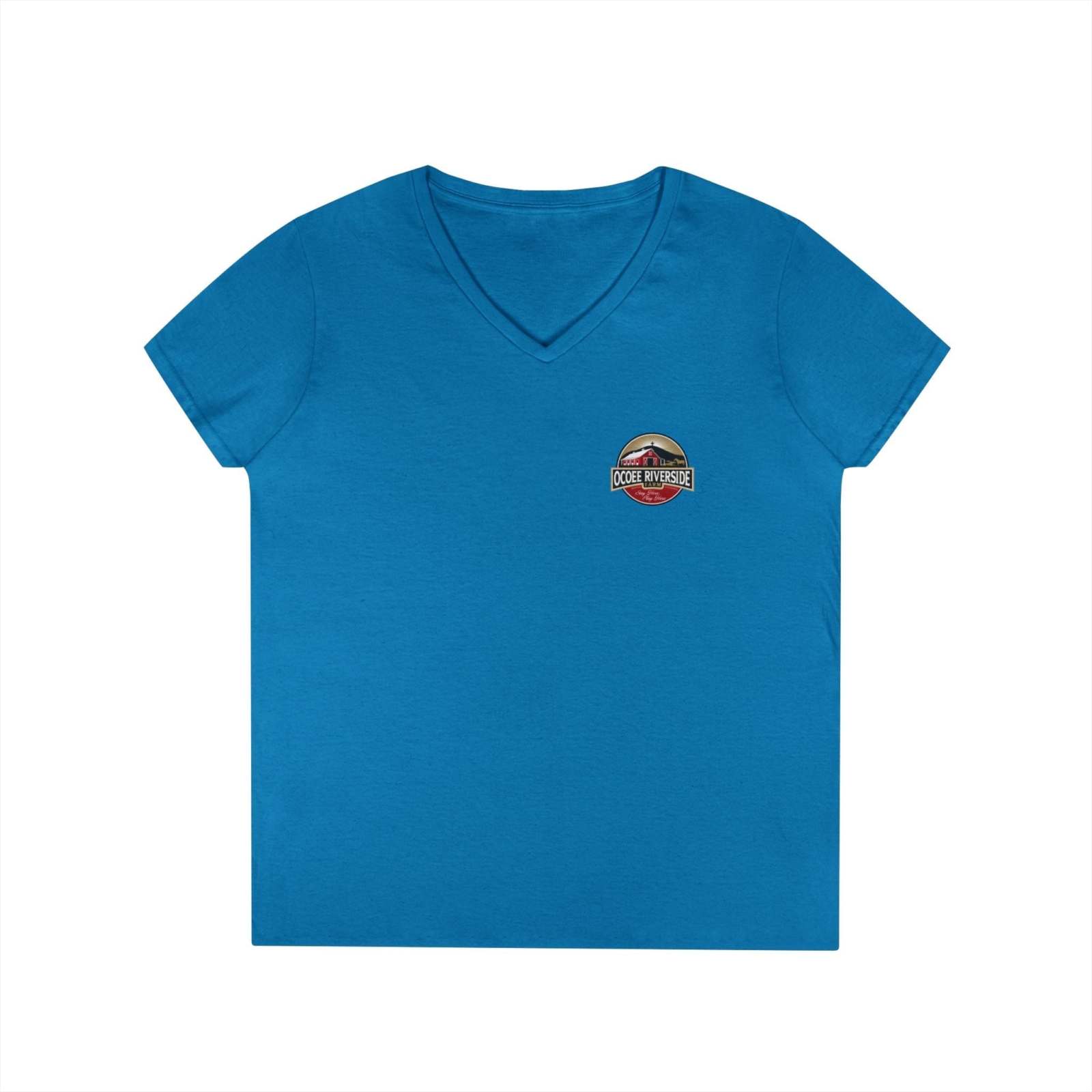 Blue Spud Heart Women’s V-Neck T-Shirt with Ocoee Riverside Farm logo, made of 100% cotton, semi-fitted style.