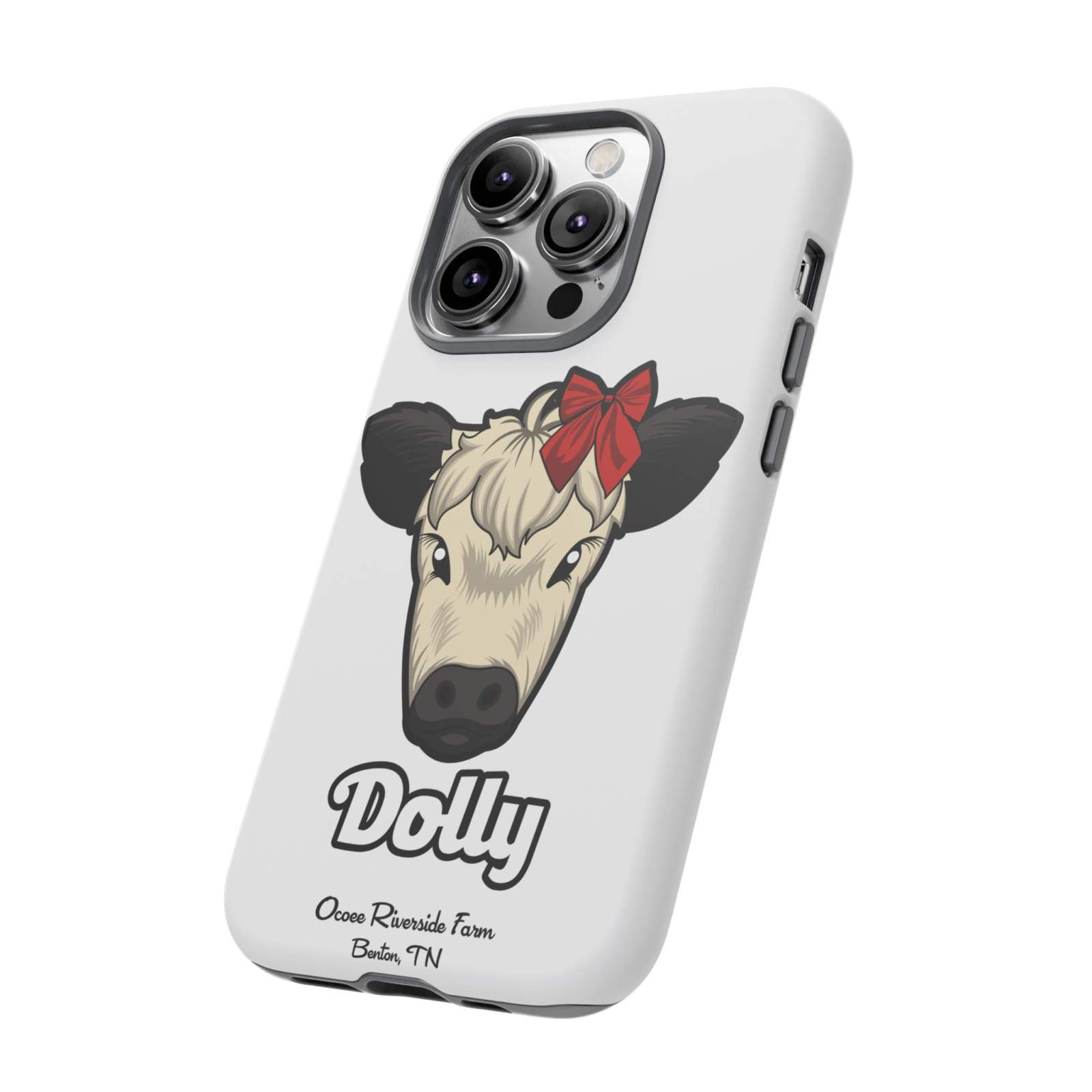 Farmhouse Chic Phone Case featuring Dolly the cow with red bow design.