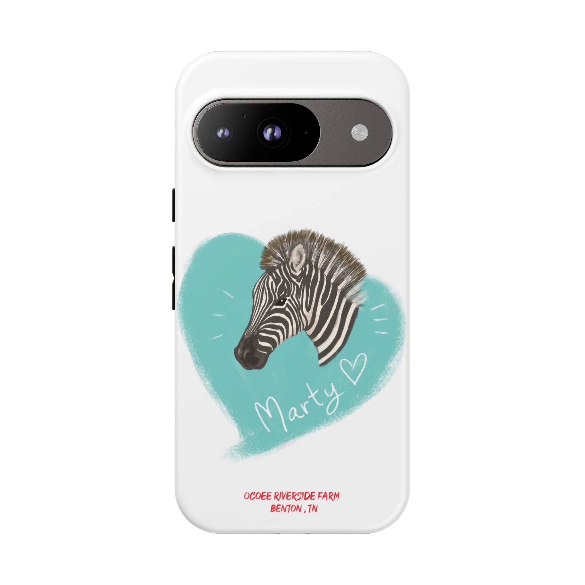 A zebra adorned with the word "Marty" creatively integrated into its stripes at Ocoee Riverside Farm Phone Case