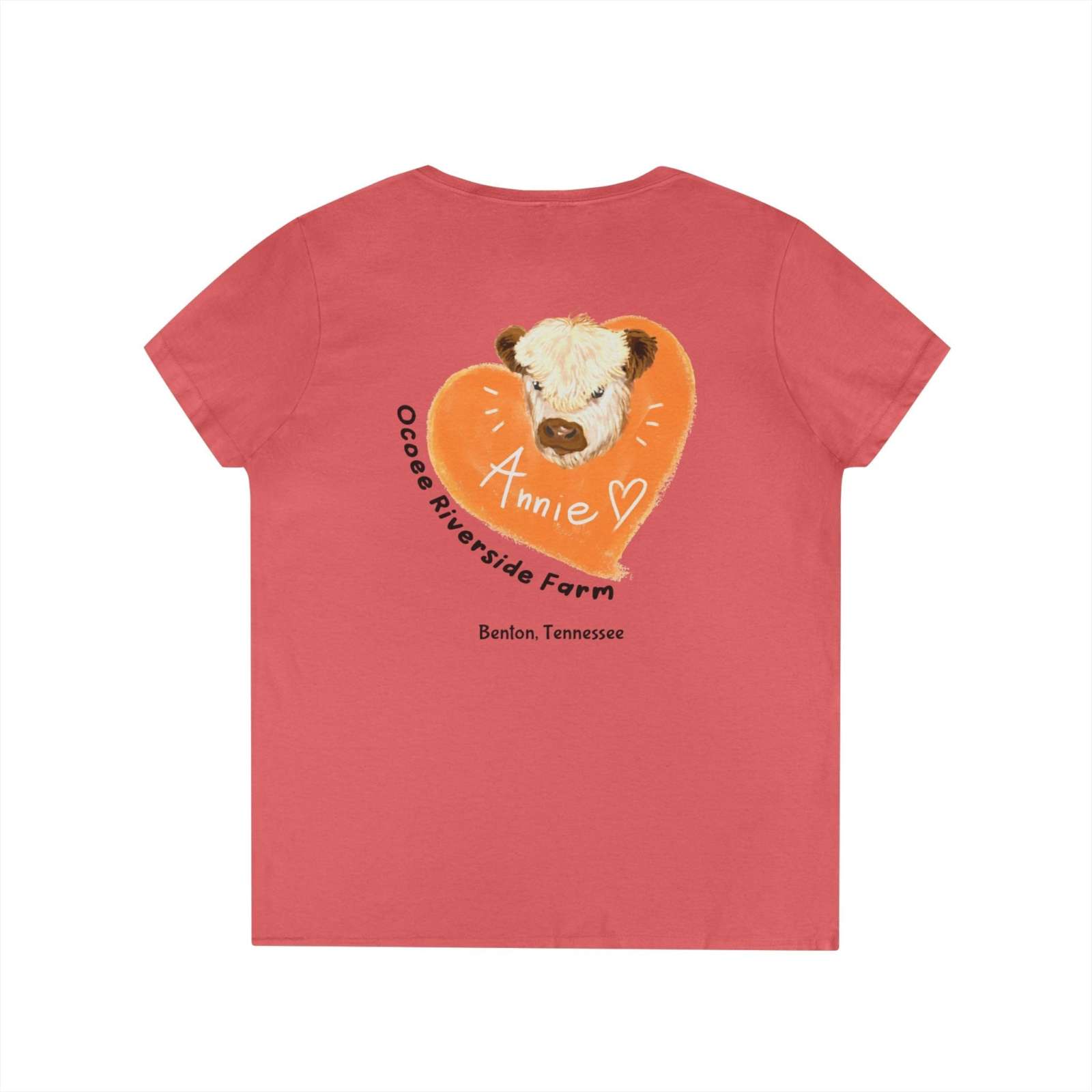 Pink Tennessee Farm Life V-Neck for women with a heart and cow design on the back, featuring "Annie" and farm text.
