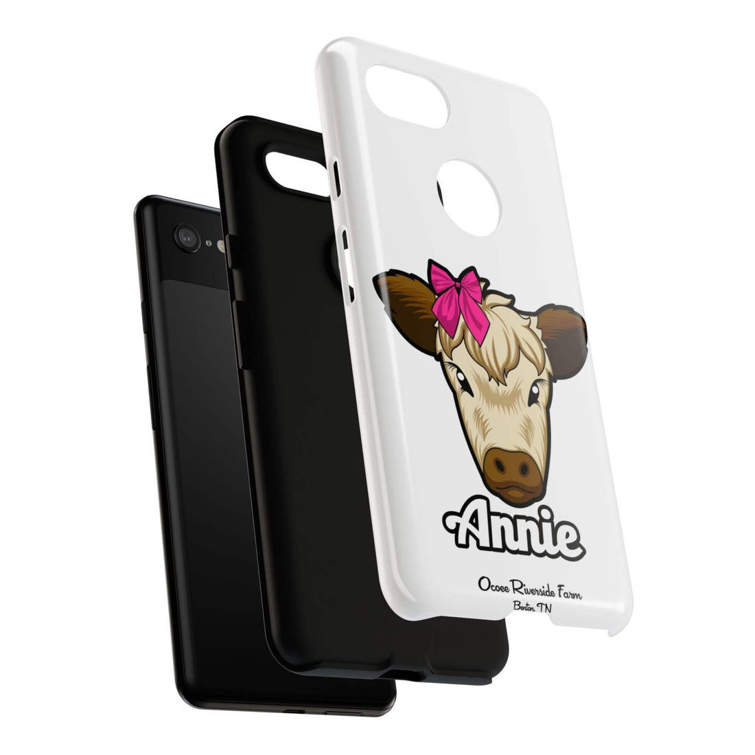 Cute cow phone case with red bow, ideal farm animal lover gift, durable and stylish.