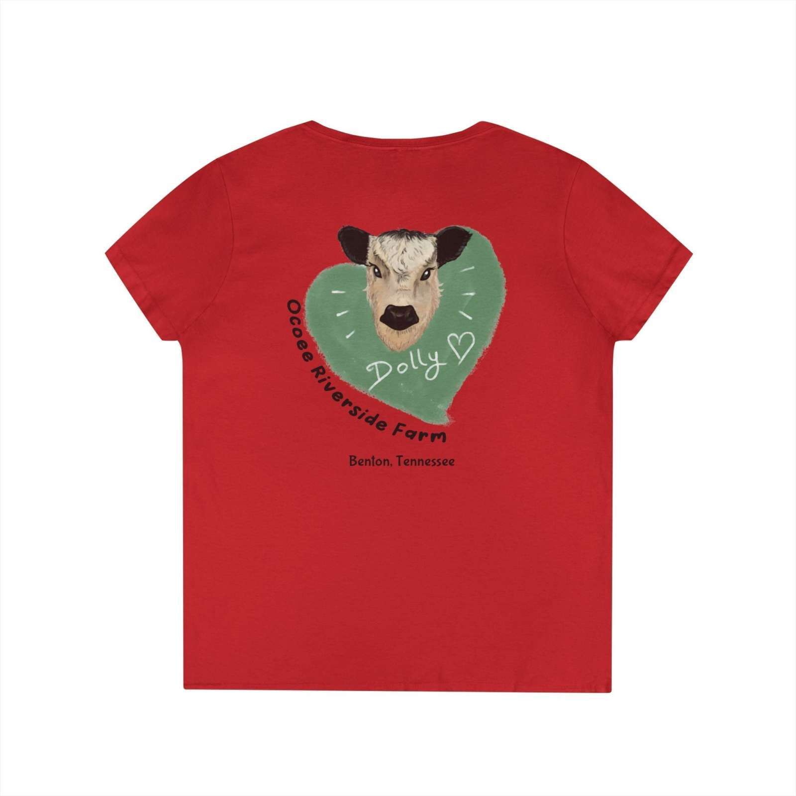 Red Rustic Farm Style V-Neck women's t-shirt with cow illustration and heart graphic on back