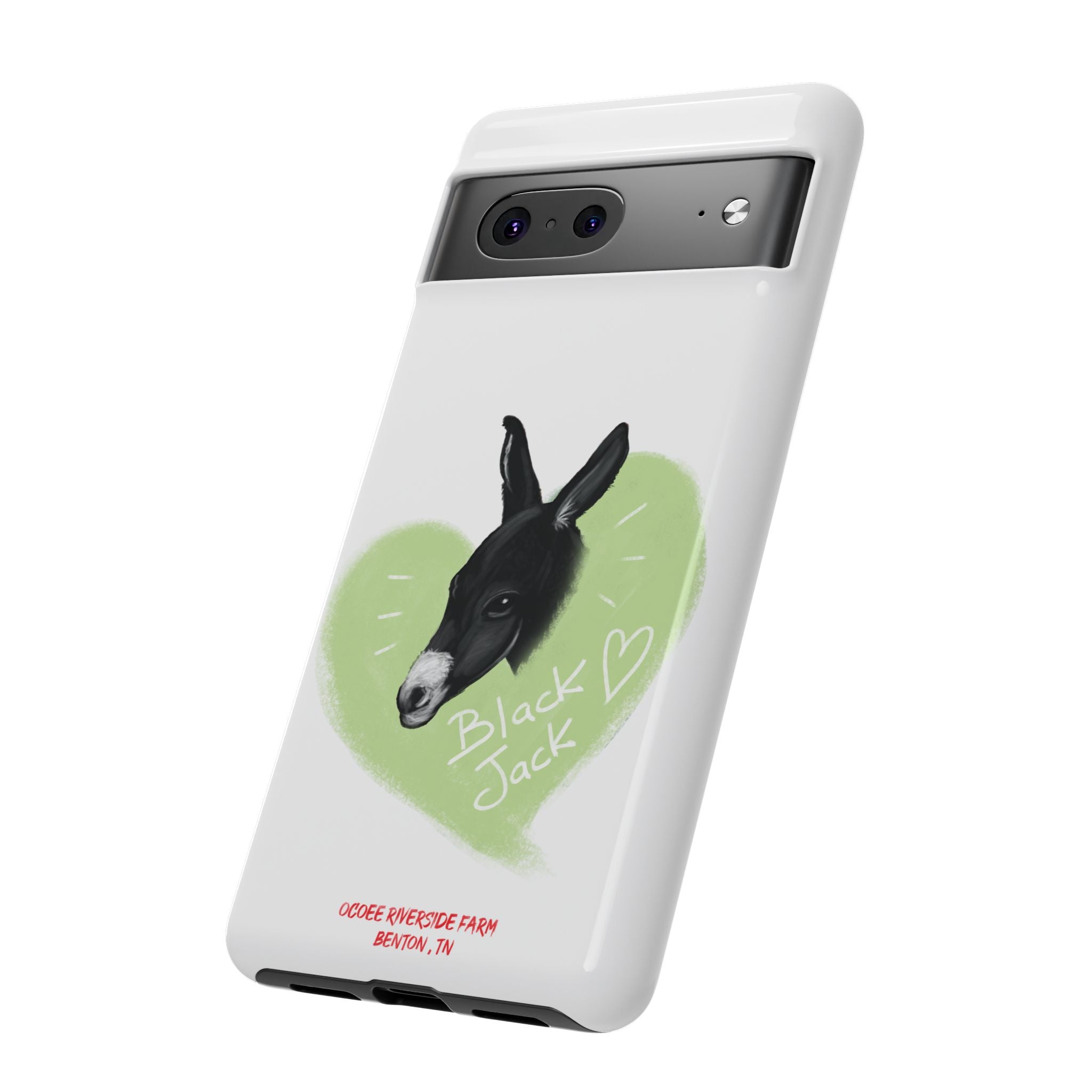 A donkey featuring the words "Black Jack" prominently displayed on its side at Ocoee Riverside Farm Phone Case