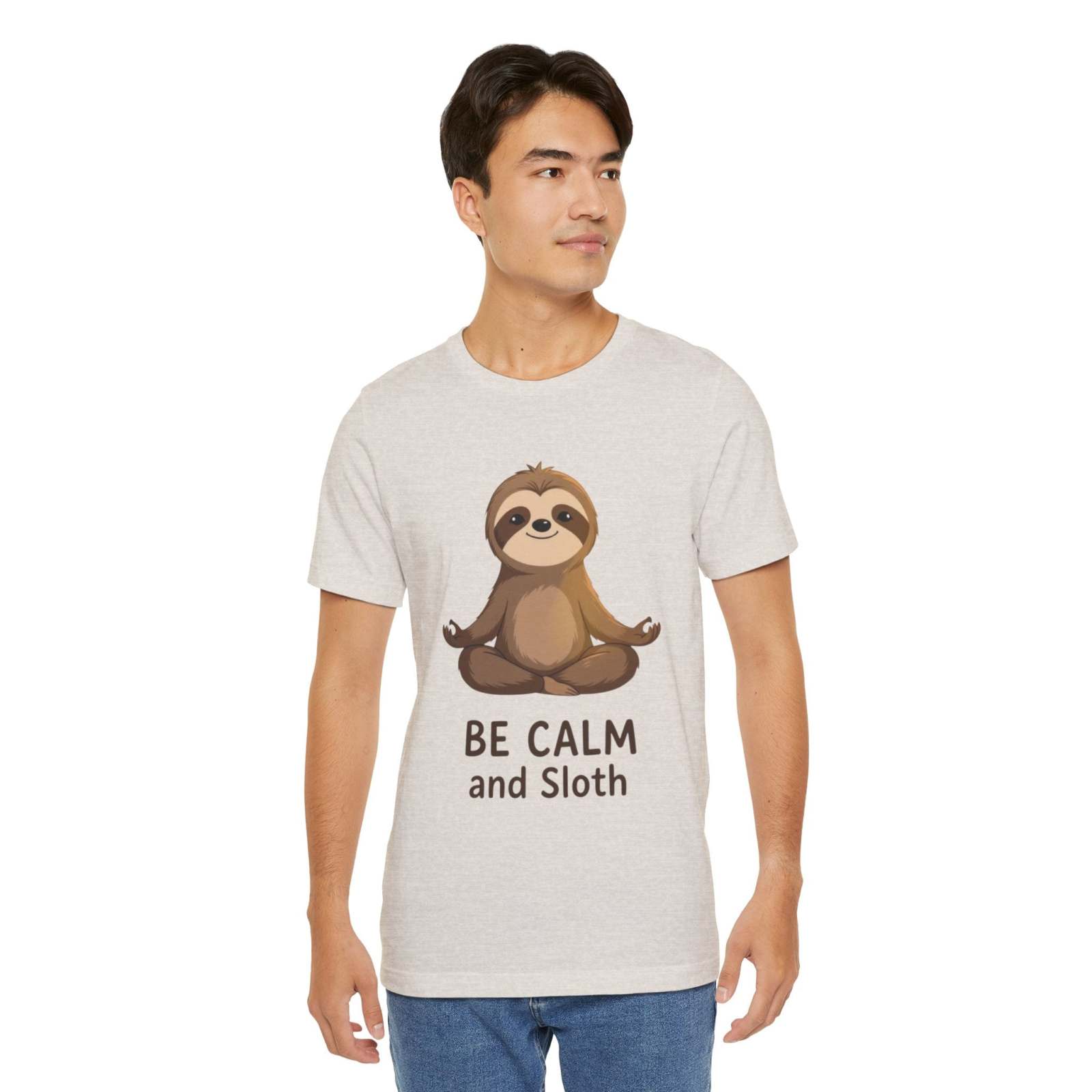 Unisex sloth t-shirt with "Be Calm and Sloth" graphic, lightweight breathable fabric, casual fit