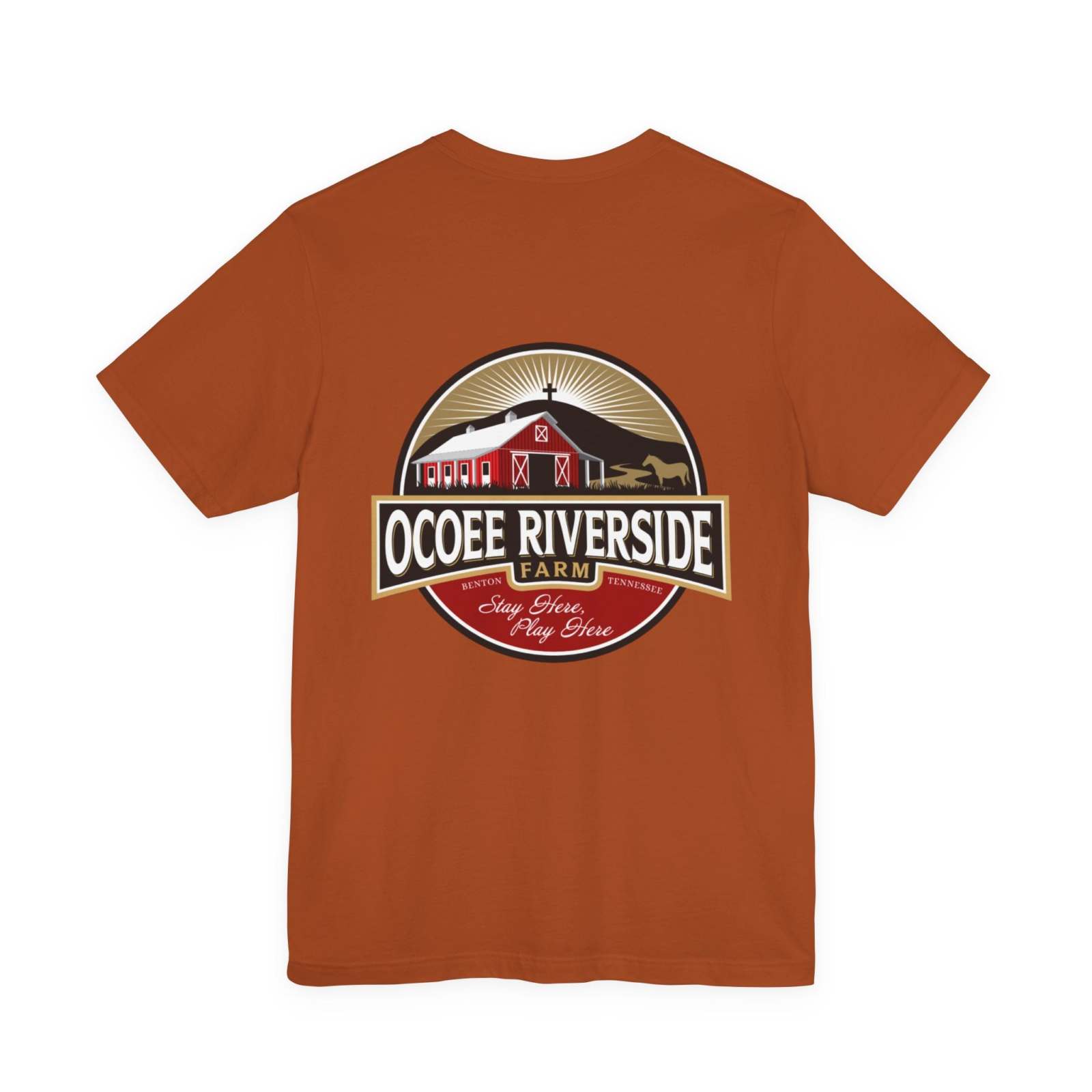 Back view of rust-colored unisex t-shirt with Ocoee Riverside Farm logo featuring a barn and horse design
