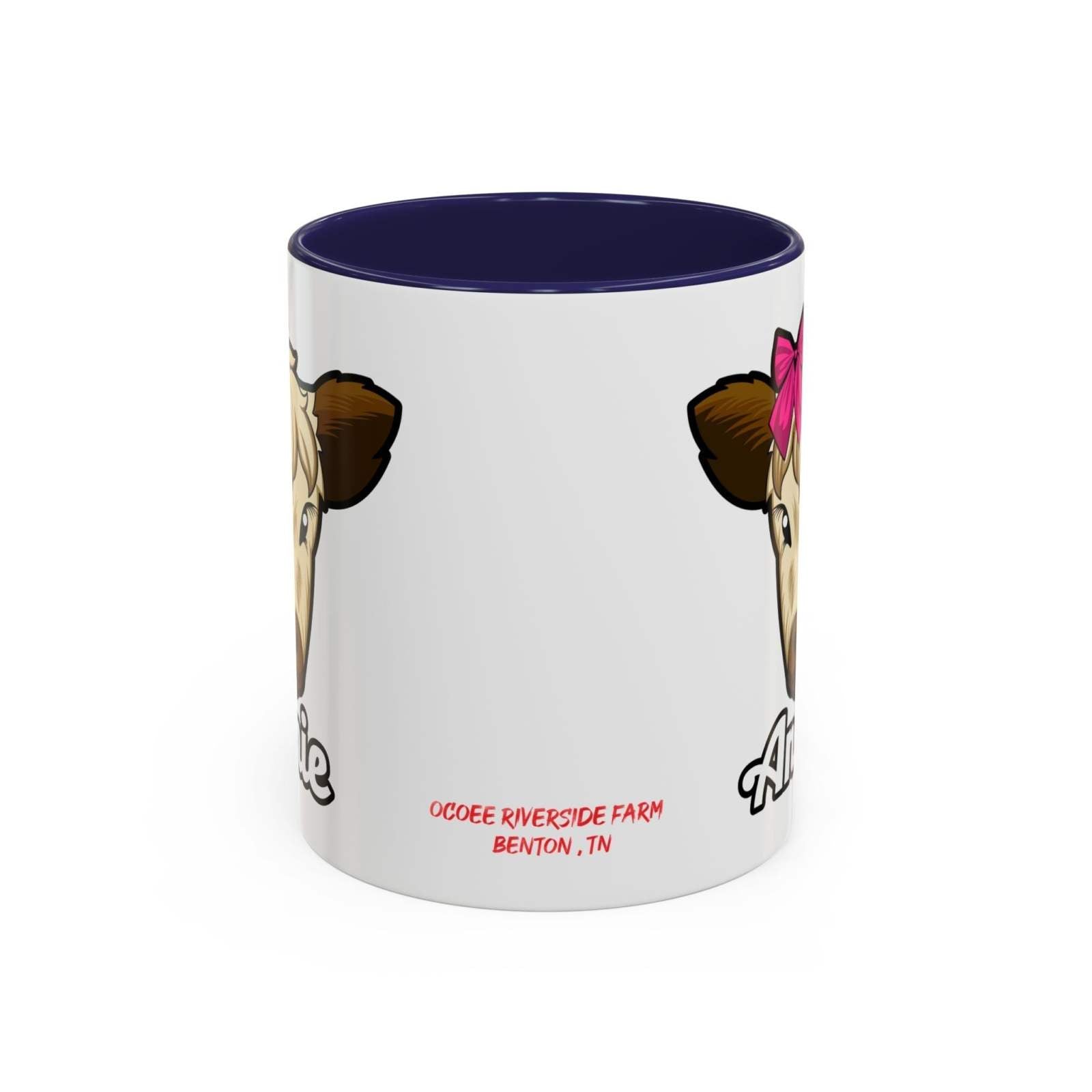 Farmhouse cow coffee mug with red bow design on white ceramic.