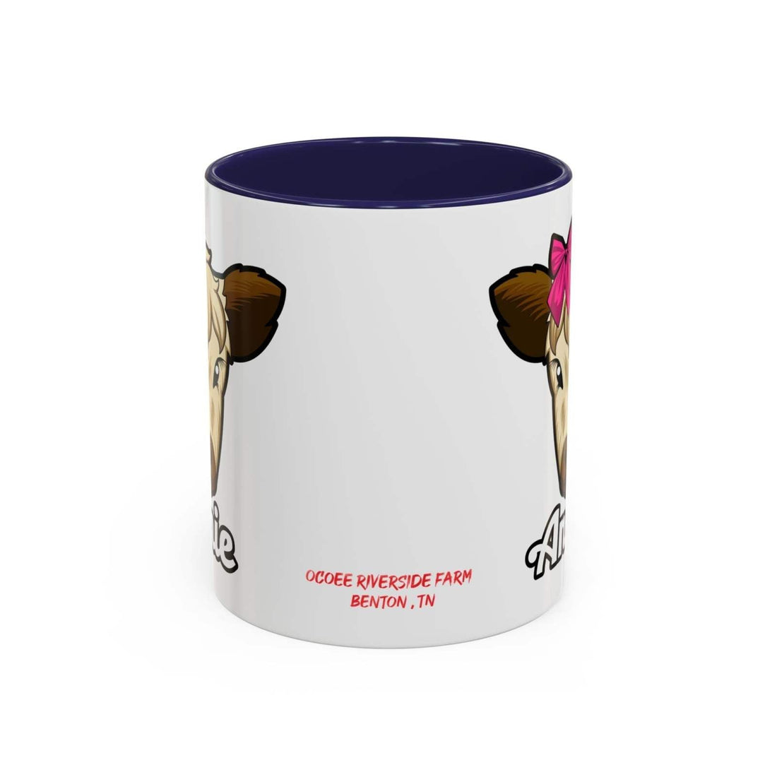 Farmhouse cow coffee mug with red bow design on white ceramic.
