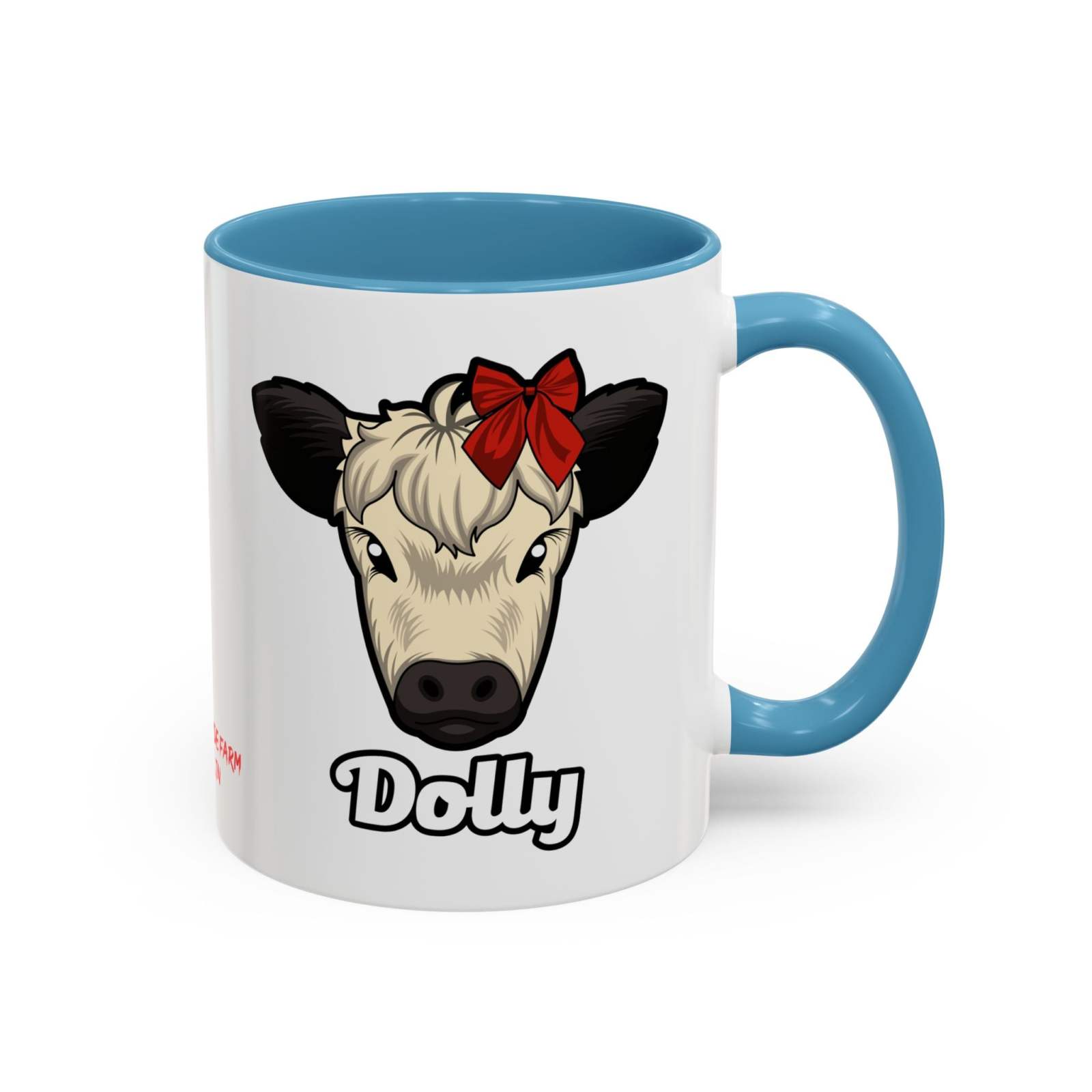 Farm Animal Coffee Mug featuring Dolly the Cute Cow with red bow, blue handle and interior, ceramic, microwave and dishwasher safe