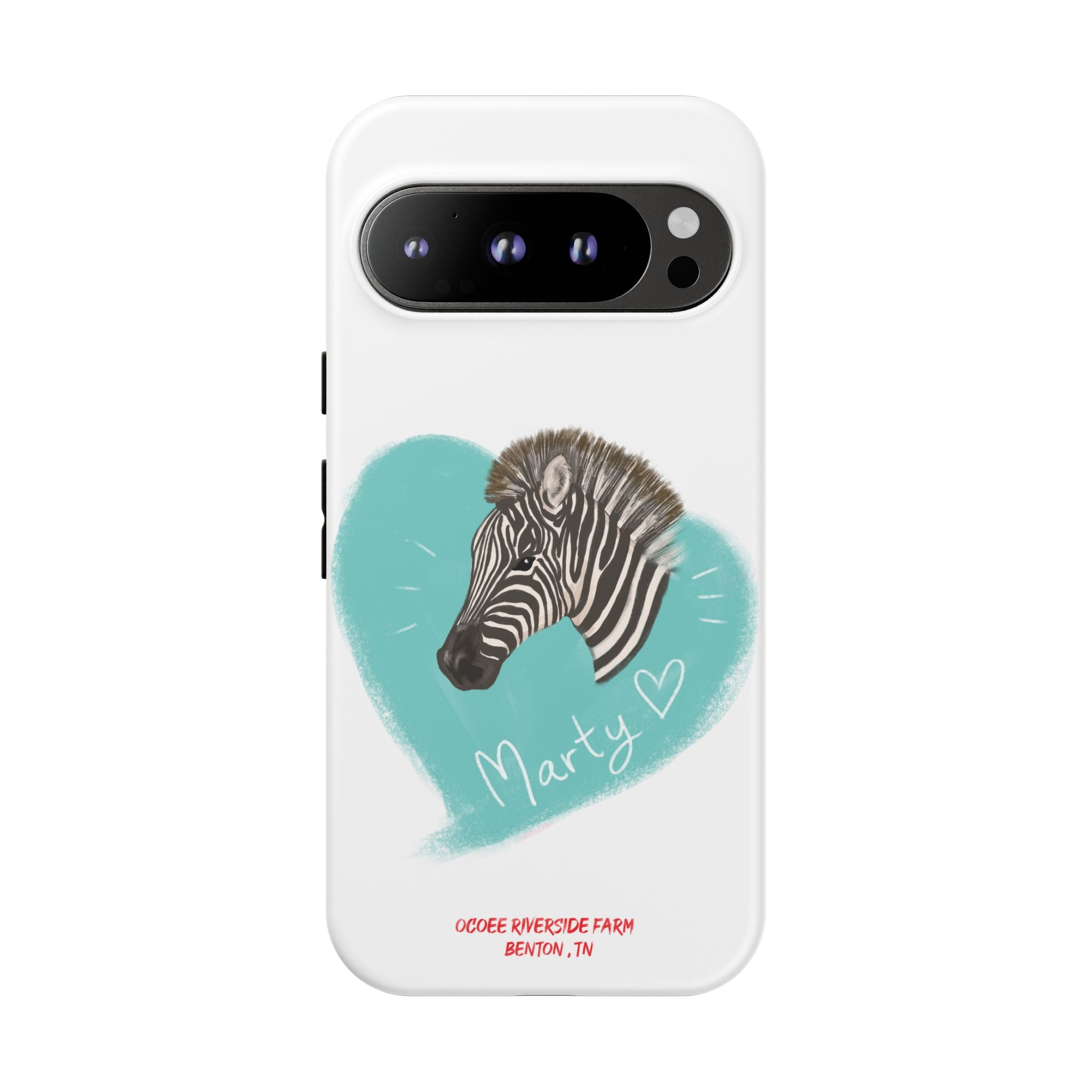 A zebra adorned with the word "Marty" creatively integrated into its stripes at Ocoee Riverside Farm Phone Case