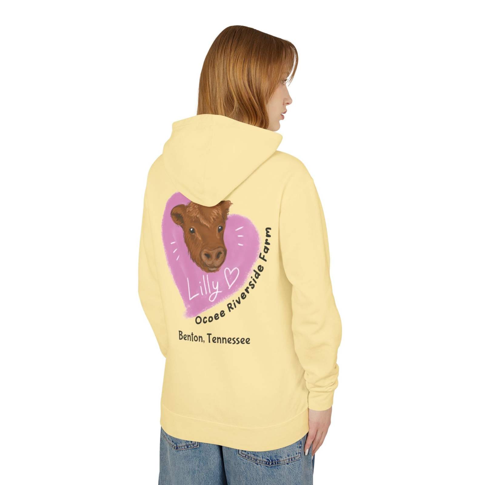 Unisex lightweight Cute Cow Hoodie in soft yellow with Lilly cow heart design and Ocoee Riverside Farm text on back