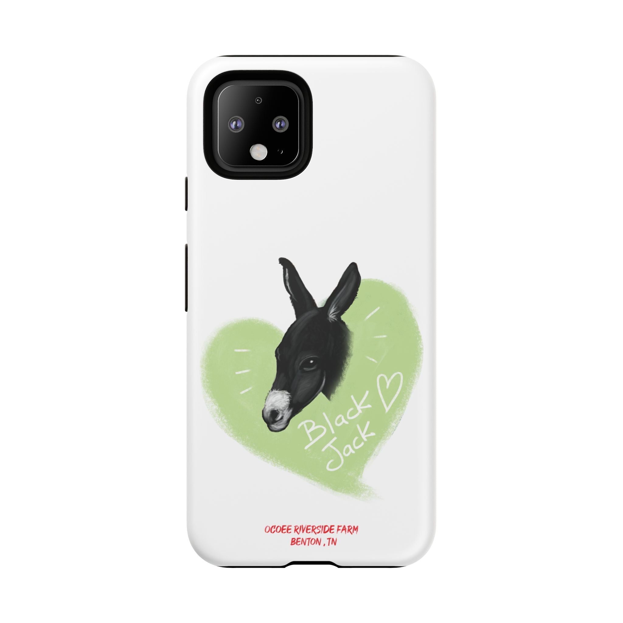 A donkey featuring the words "Black Jack" prominently displayed on its side at Ocoee Riverside Farm Phone Case