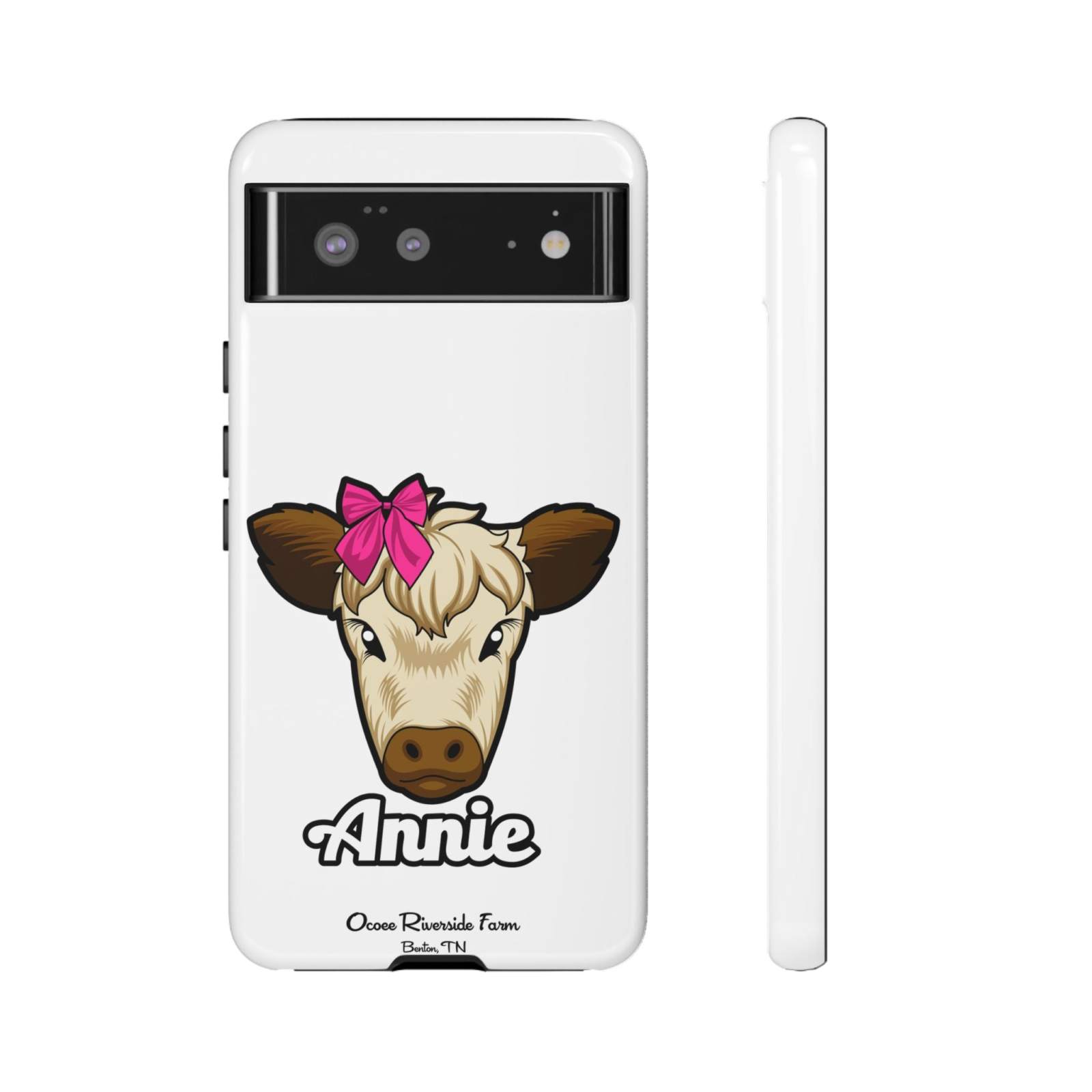 Cute cow phone case with red bow, ideal farm animal lover gift, Ocoee Riverside design.