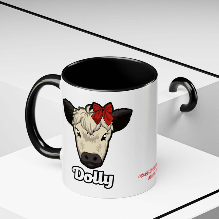 Farm Animal Coffee Mug with Dolly the cute cow illustration and red bow, black handle and interior, ceramic, microwave-safe