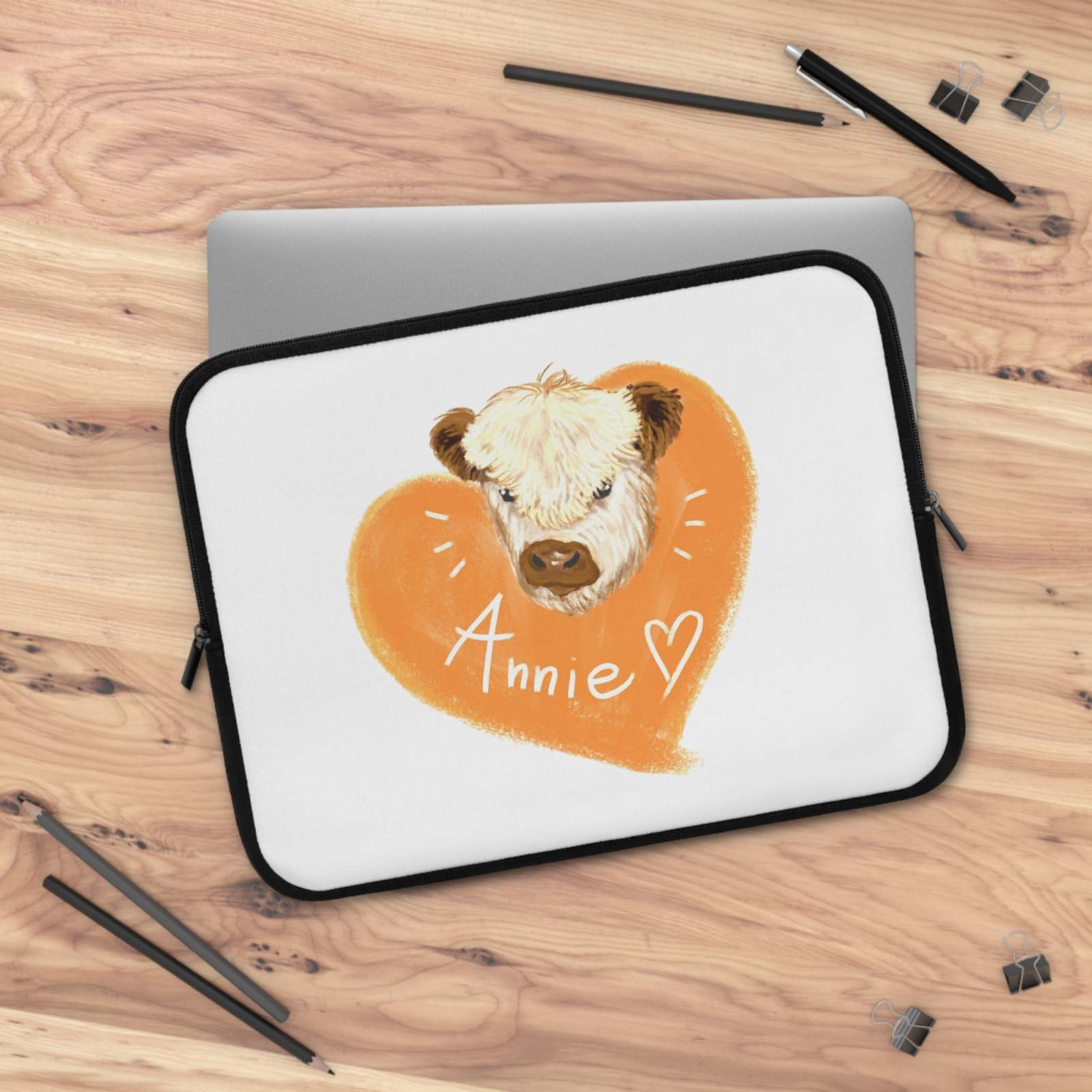 Custom Cow Laptop Sleeve with personalized cow illustration and heart design on white neoprene case.