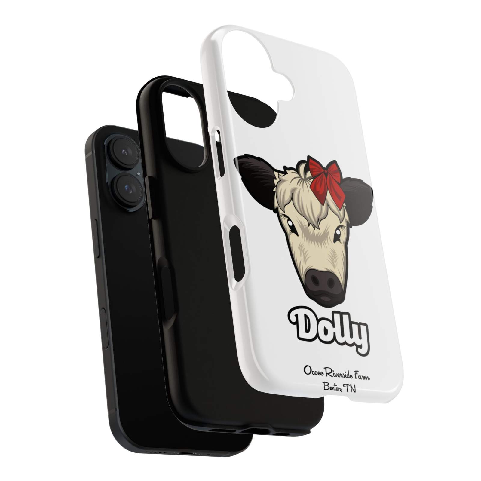 Farmhouse Chic Phone Case with Dolly the Cow design featuring red bow, offers rustic charm and modern protection.