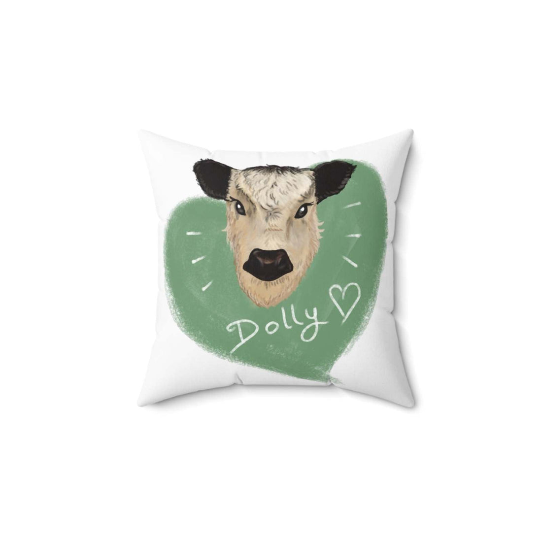 Spun Polyester Heart Pillow featuring Dolly the Cow design with soft, durable fabric and double-sided print for farm lovers.