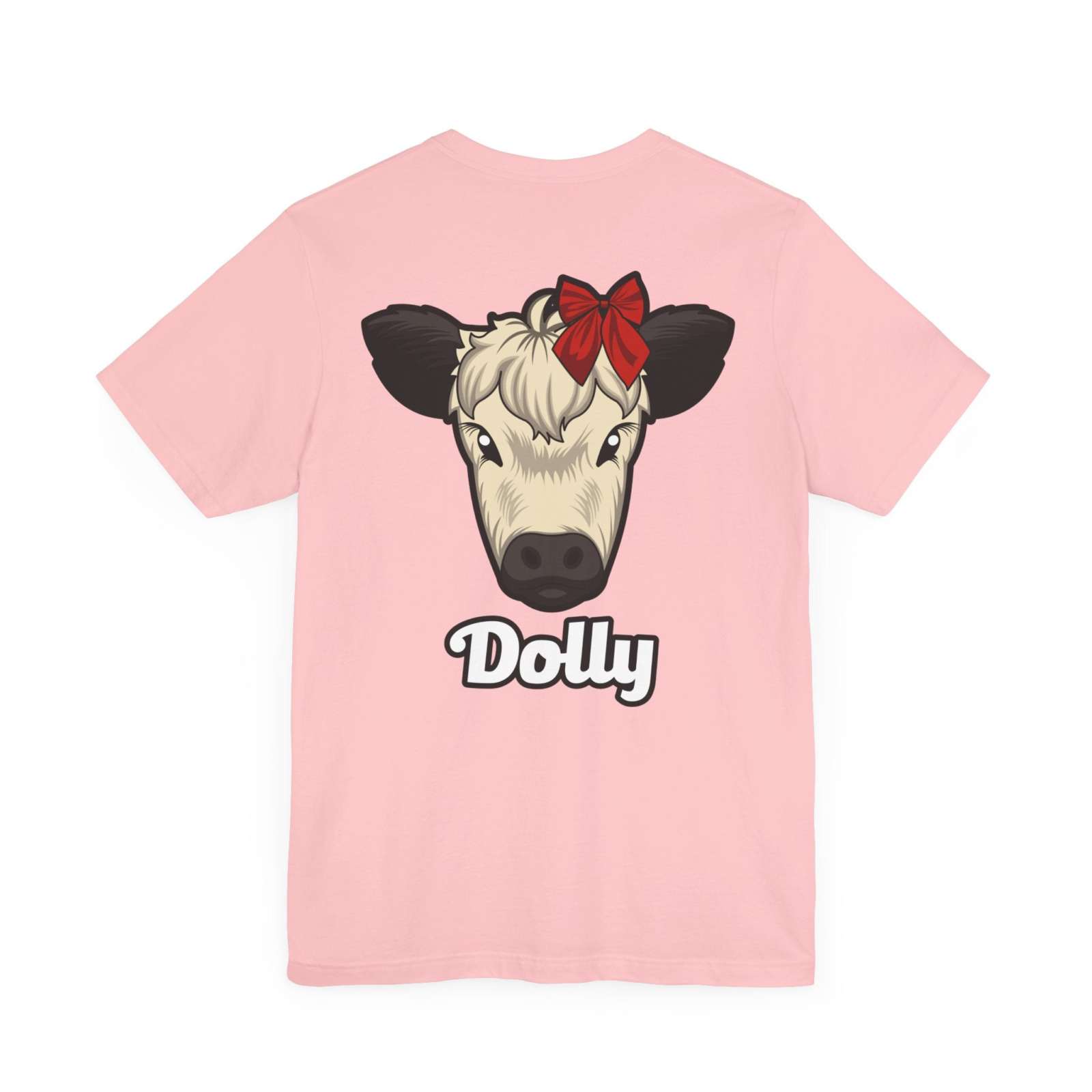 Pink Country Cow Graphic Tee with Dolly cow face and red bow illustration
