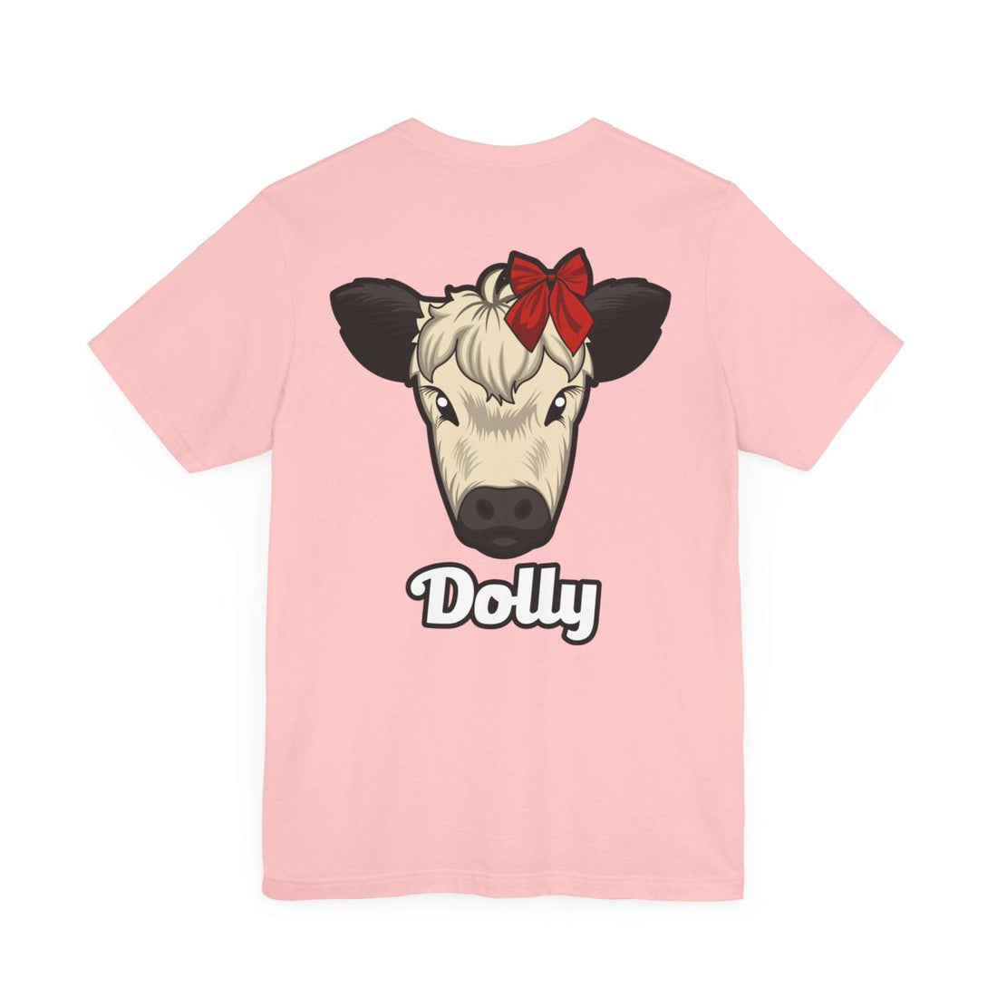 Pink Country Cow Graphic Tee with Dolly cow face and red bow illustration