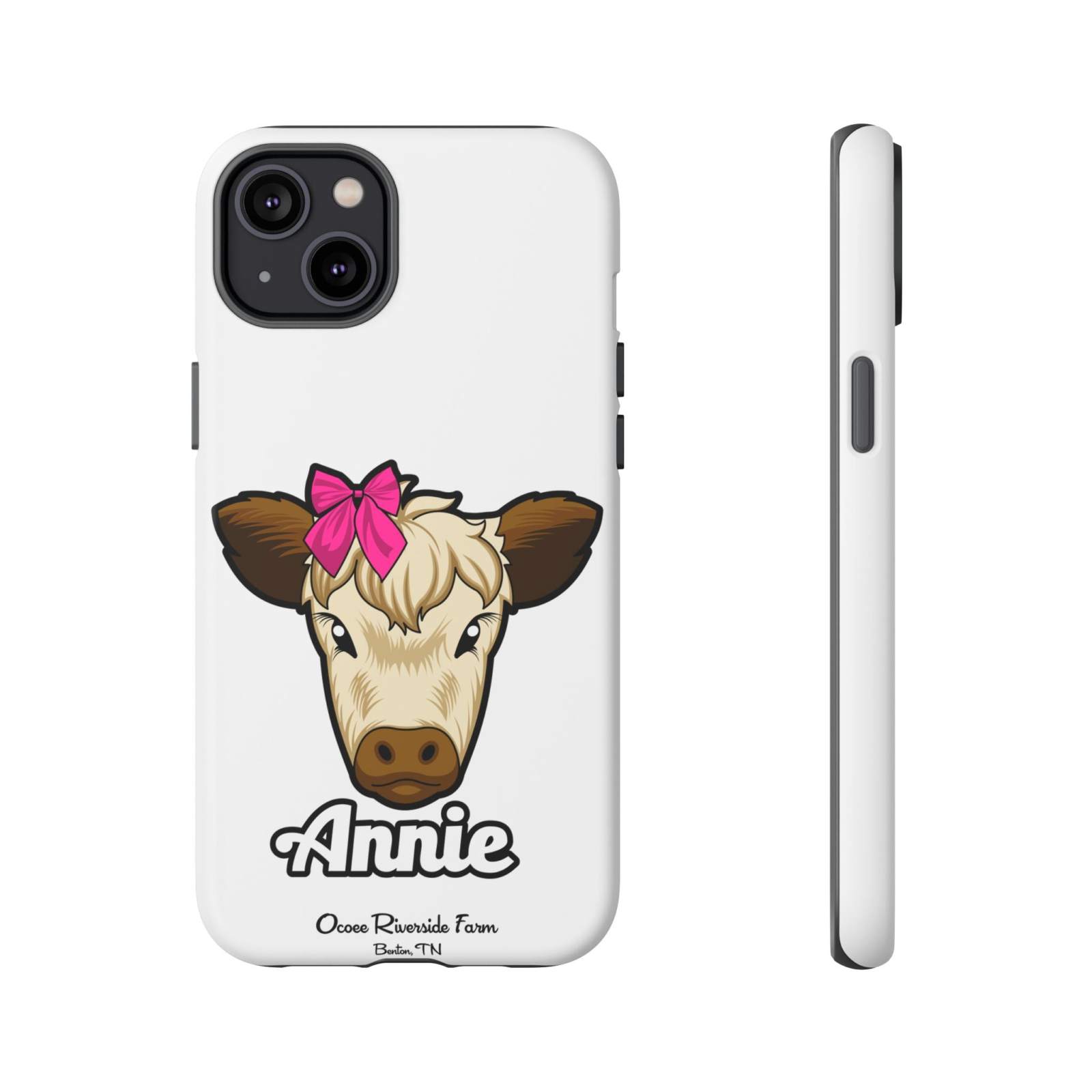 Cute cow phone case with red bow, ideal farm animal lover gift, Annie design.