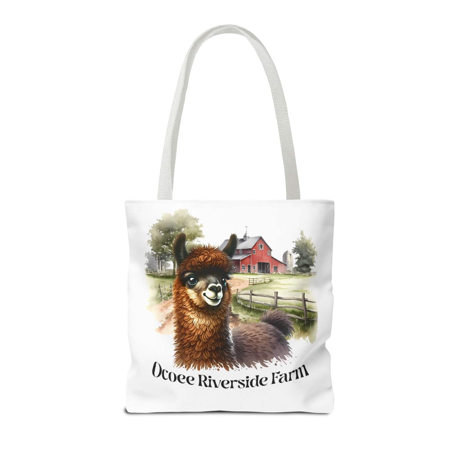 White tote bag featuring a cute llama illustration with a red barn and countryside background, labeled Ocoee Riverside Farm