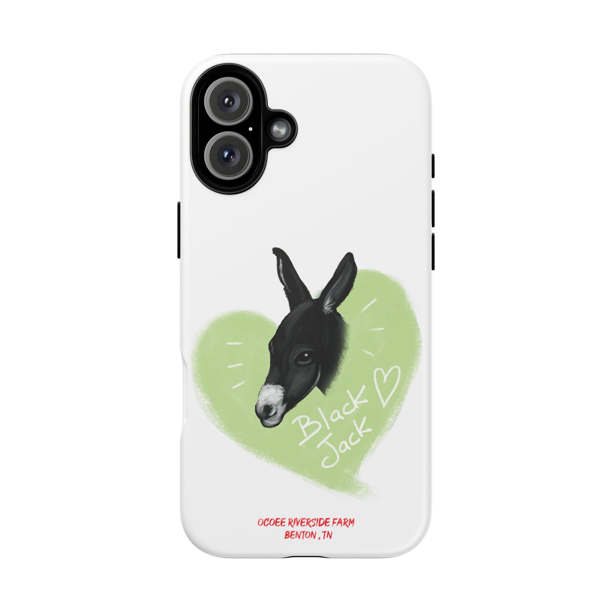 A donkey featuring the words "Black Jack" prominently displayed on its side at Ocoee Riverside Farm Phone Case