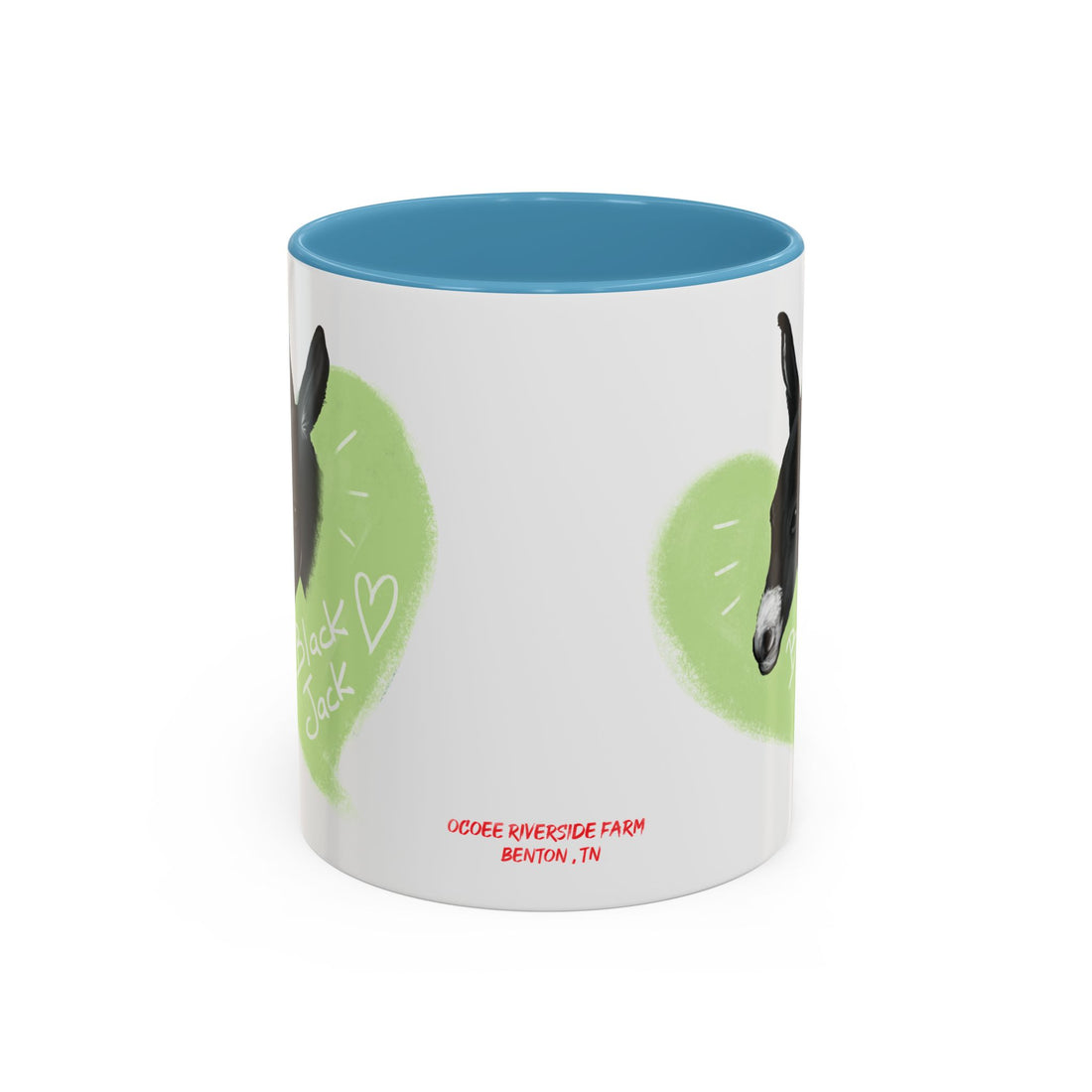A donkey featuring the words "Black Jack" prominently displayed on its side at Ocoee Riverside Farm Coffee Mug