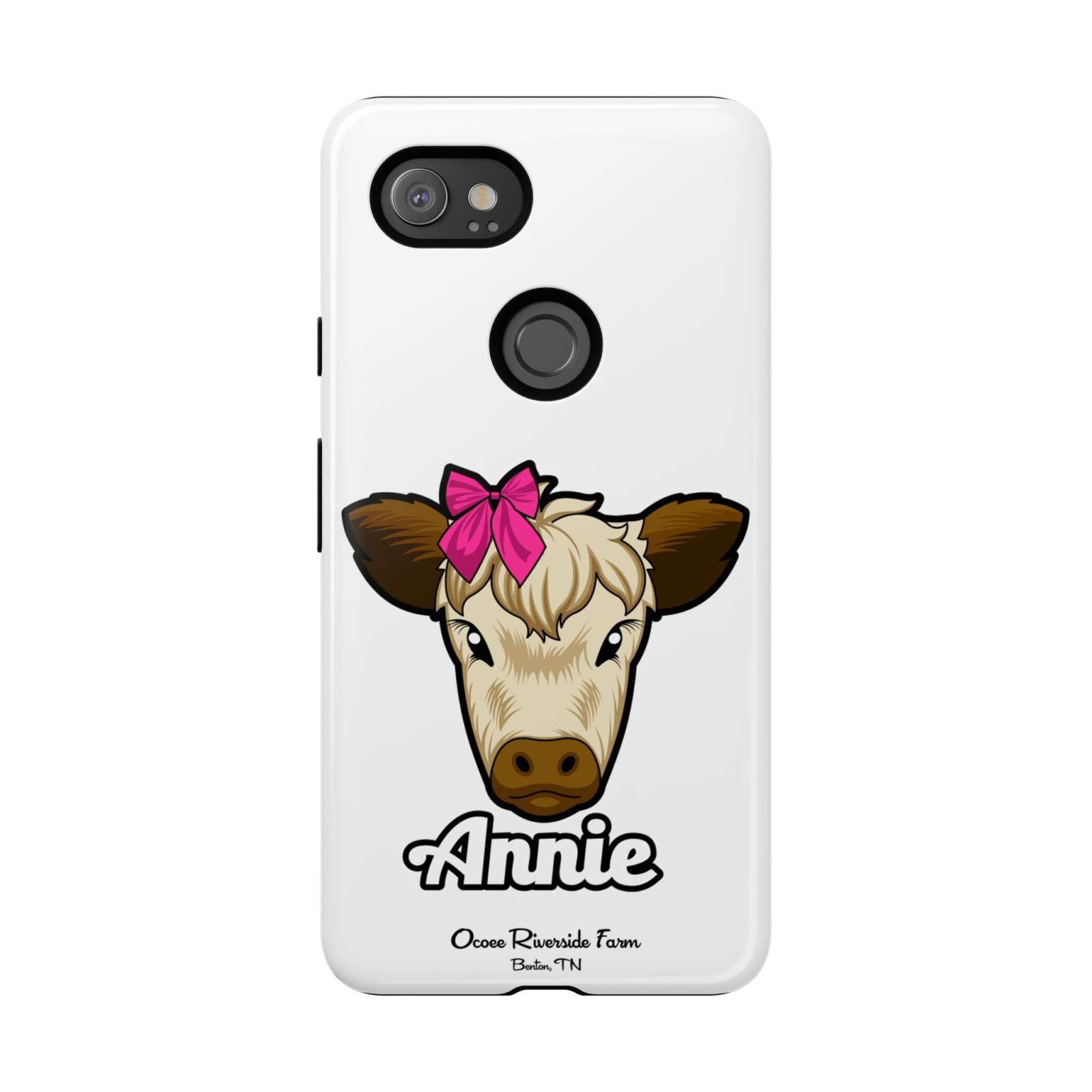 Cute cow phone case with red bow, perfect farm animal lover gift, durable and stylish design by Ocoee Riverside.