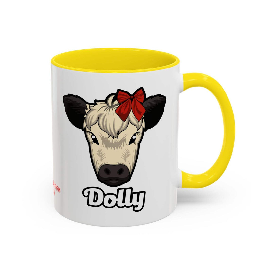Farm Animal Coffee Mug featuring Dolly the cow with a red bow, yellow handle and interior, ceramic, microwave and dishwasher safe.
