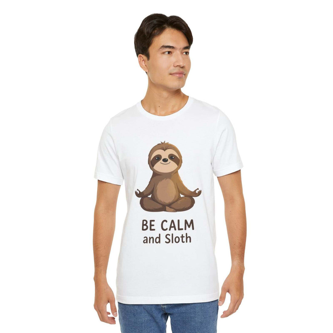 Unisex white sloth t-shirt with "Be Calm and Sloth" graphic, casual and comfortable fit