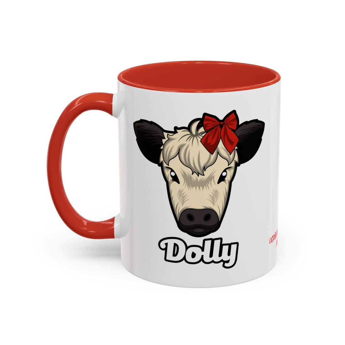 Farm animal coffee mug featuring a cute cow named Dolly with a red bow, white ceramic with red handle and interior