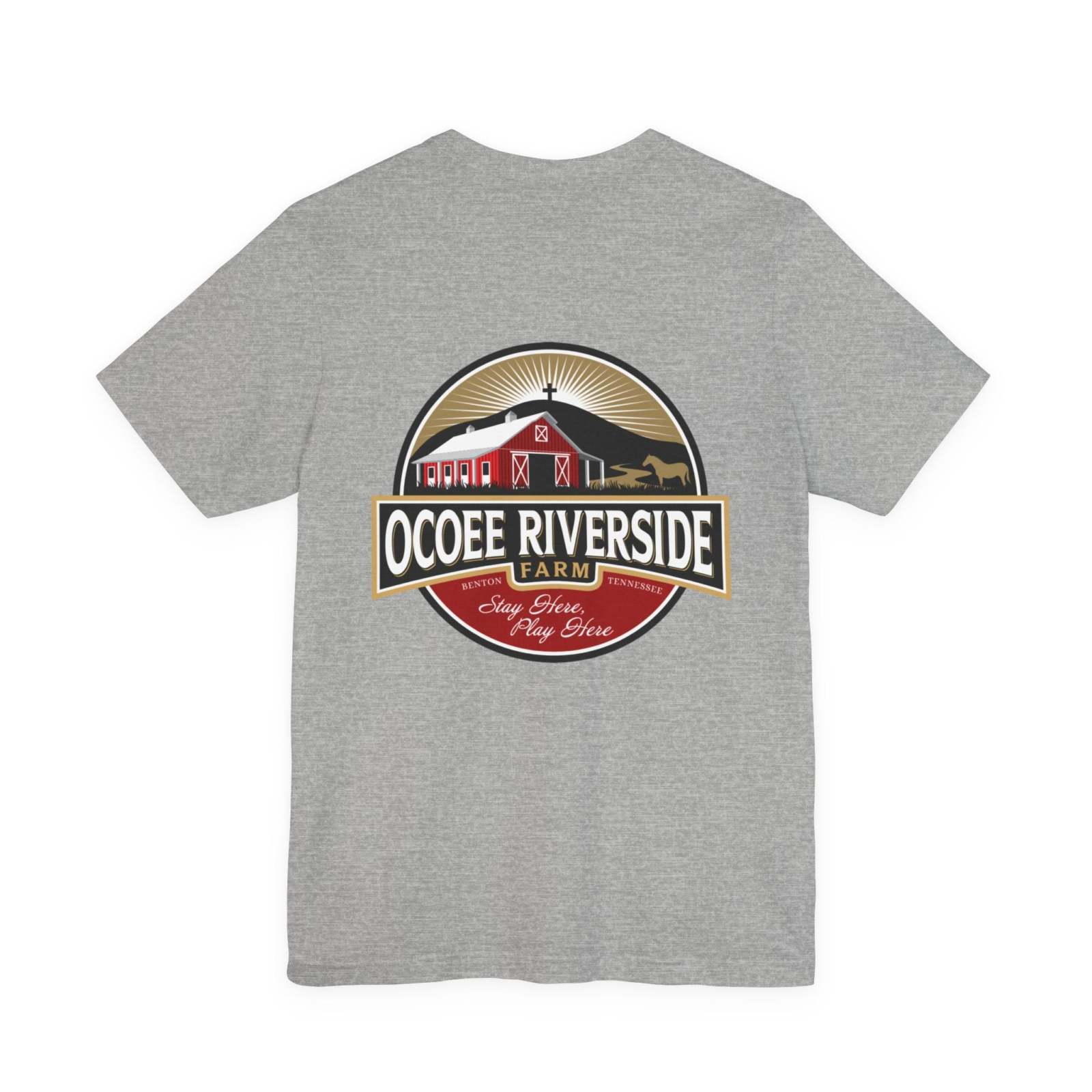 Gray unisex t-shirt with Ocoee Riverside Farm logo on the back, made of lightweight cotton
