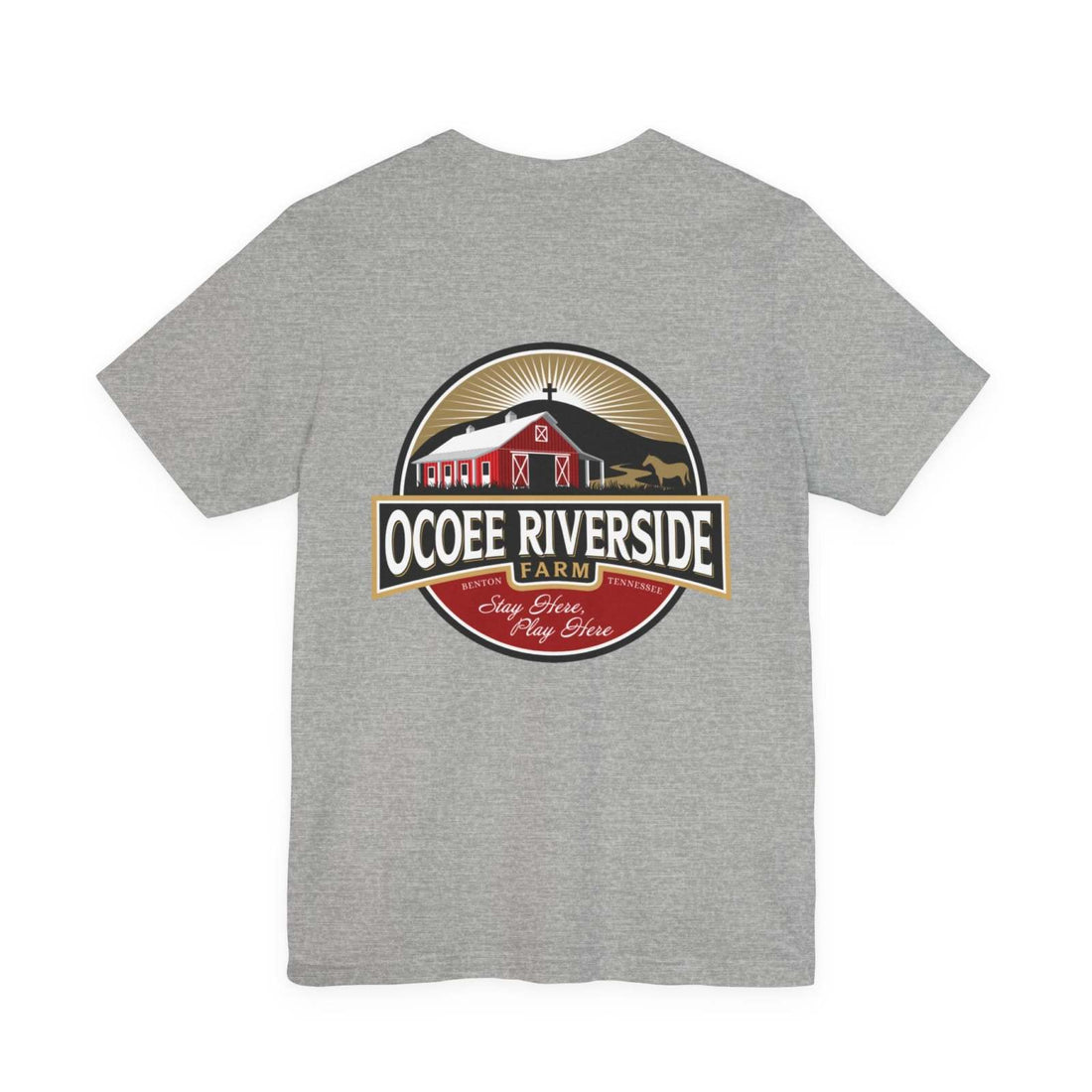 Gray unisex t-shirt with Ocoee Riverside Farm logo on the back, made of lightweight cotton