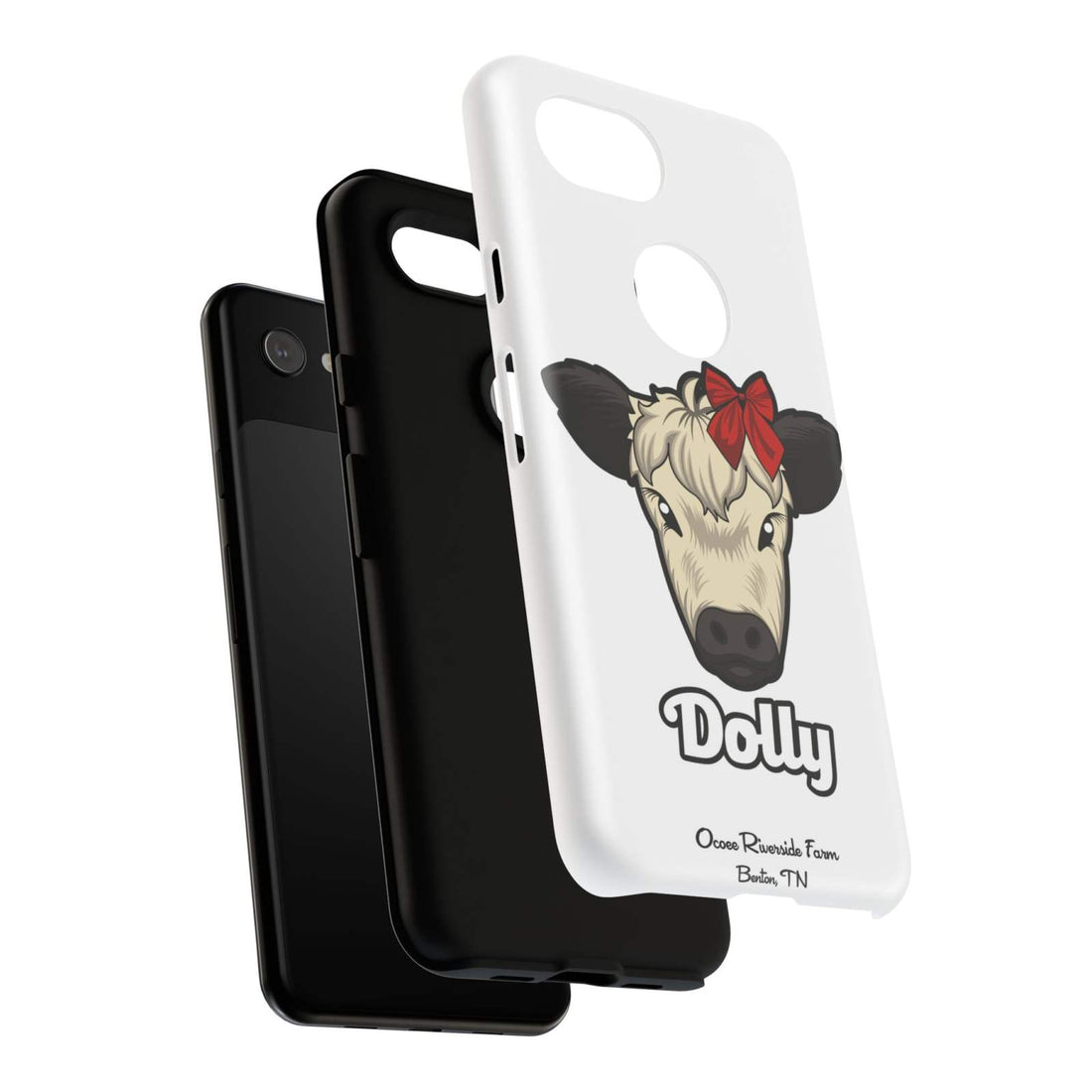 Farmhouse Chic Phone Case with Dolly the Cow design and red bow, offering rustic charm and modern protection.