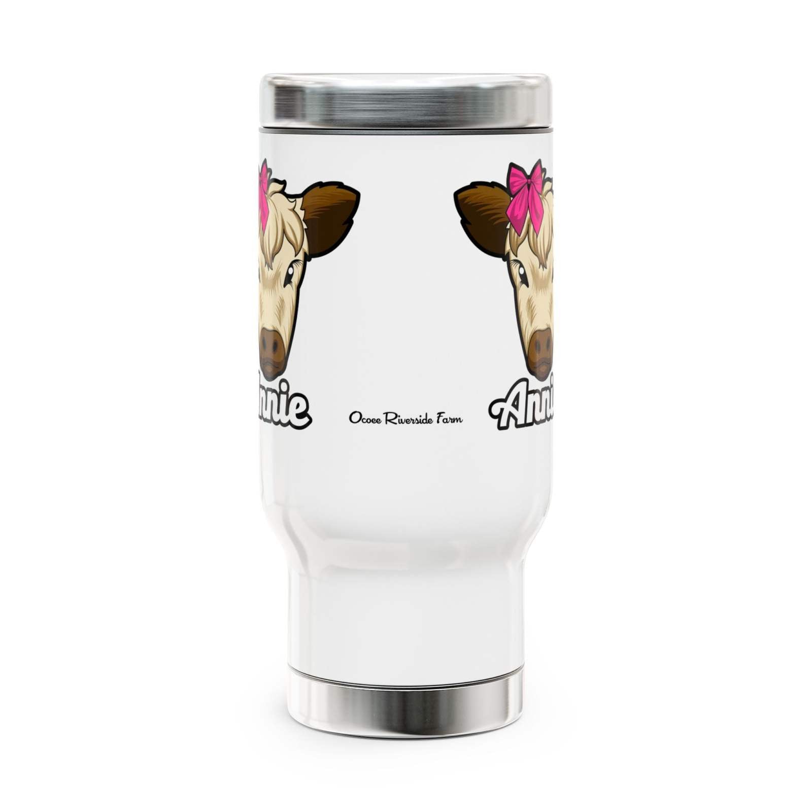 Farmhouse coffee mug with cow design and handle, 14oz travel size.