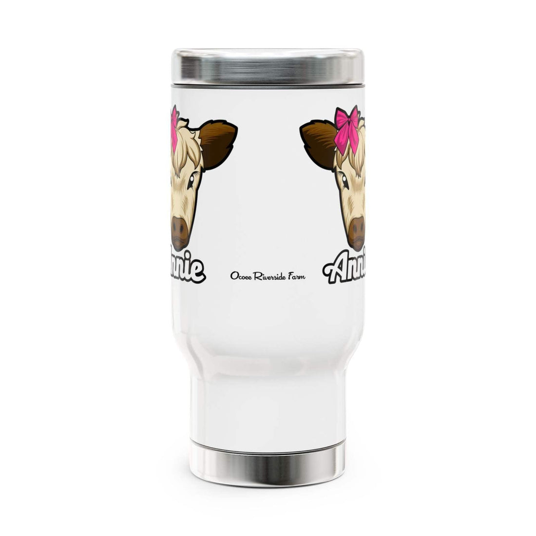 Farmhouse coffee mug with cow design and handle, 14oz travel size.