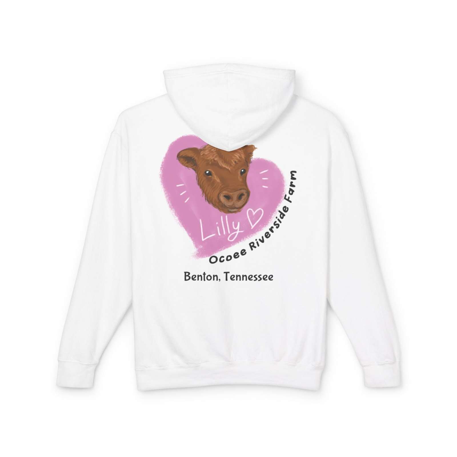 White Cute Cow Hoodie with brown cow illustration and pink heart, featuring "Lilly" and "Ocoee Riverside Farm, Benton, Tennessee" text, unisex lightweight sweatshirt design