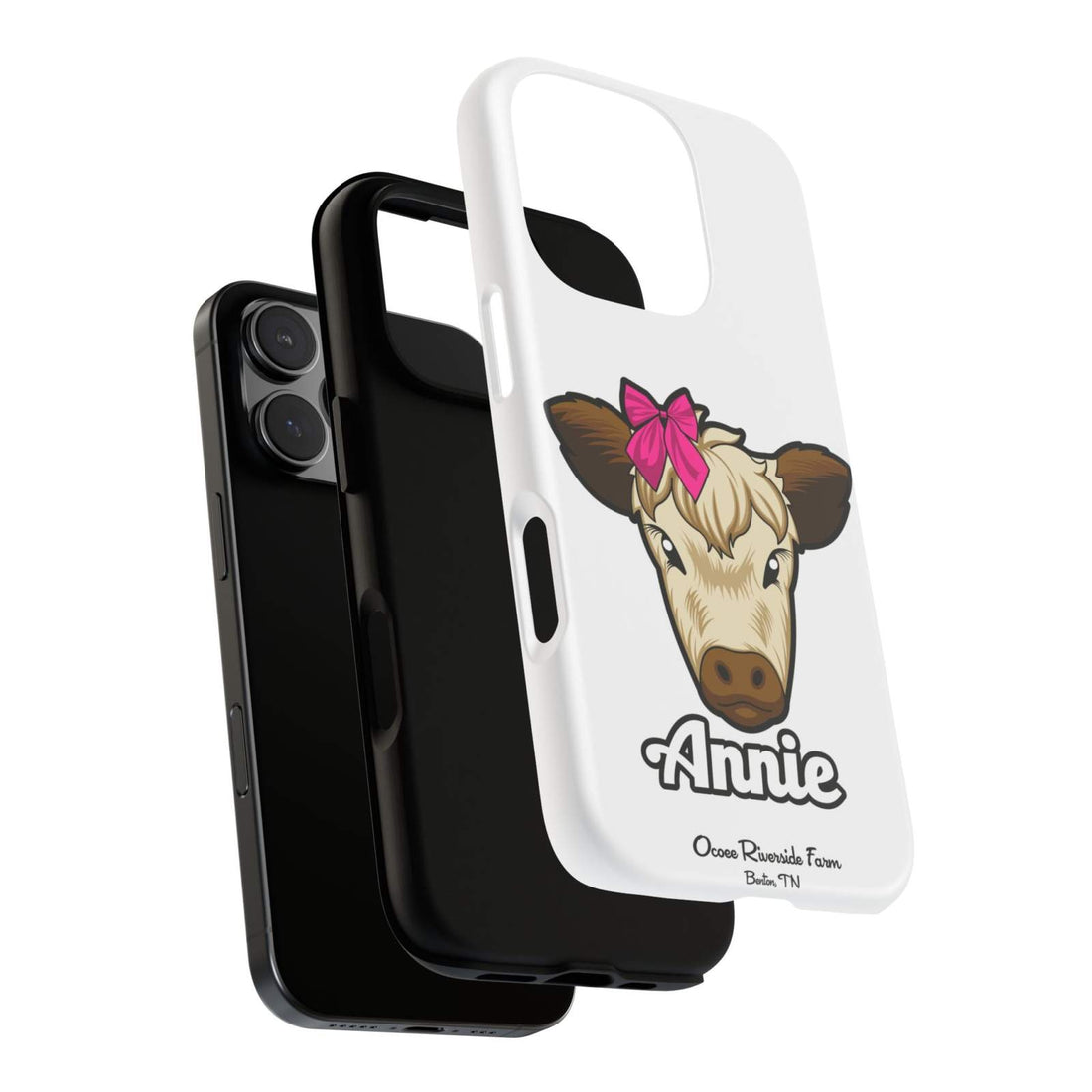 Cute Annie the Cow phone case with red bow, durable design, perfect farm animal lover gift, supports wireless charging.