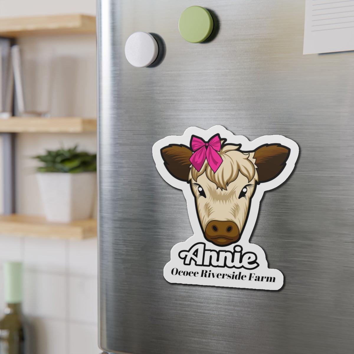 Cow die-cut magnet with a cute cow face and pink bow for farmhouse decor on fridge or locker