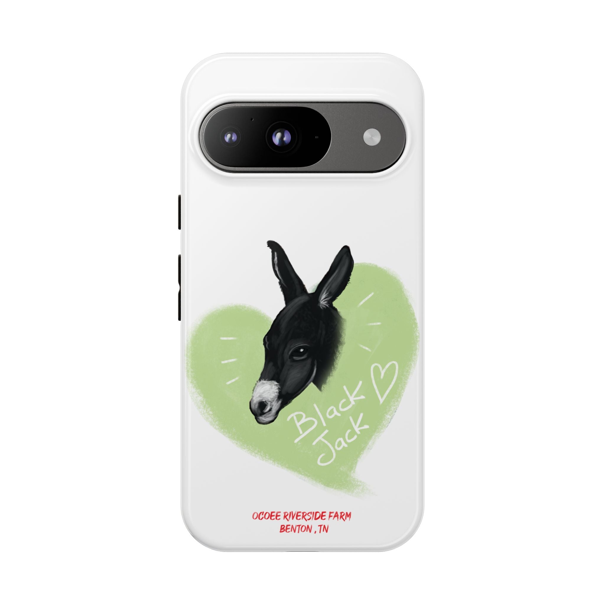 A donkey featuring the words "Black Jack" prominently displayed on its side at Ocoee Riverside Farm Phone Case