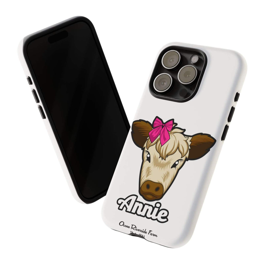 Cute Annie the Cow phone case with red bow, perfect farm animal lover gift.