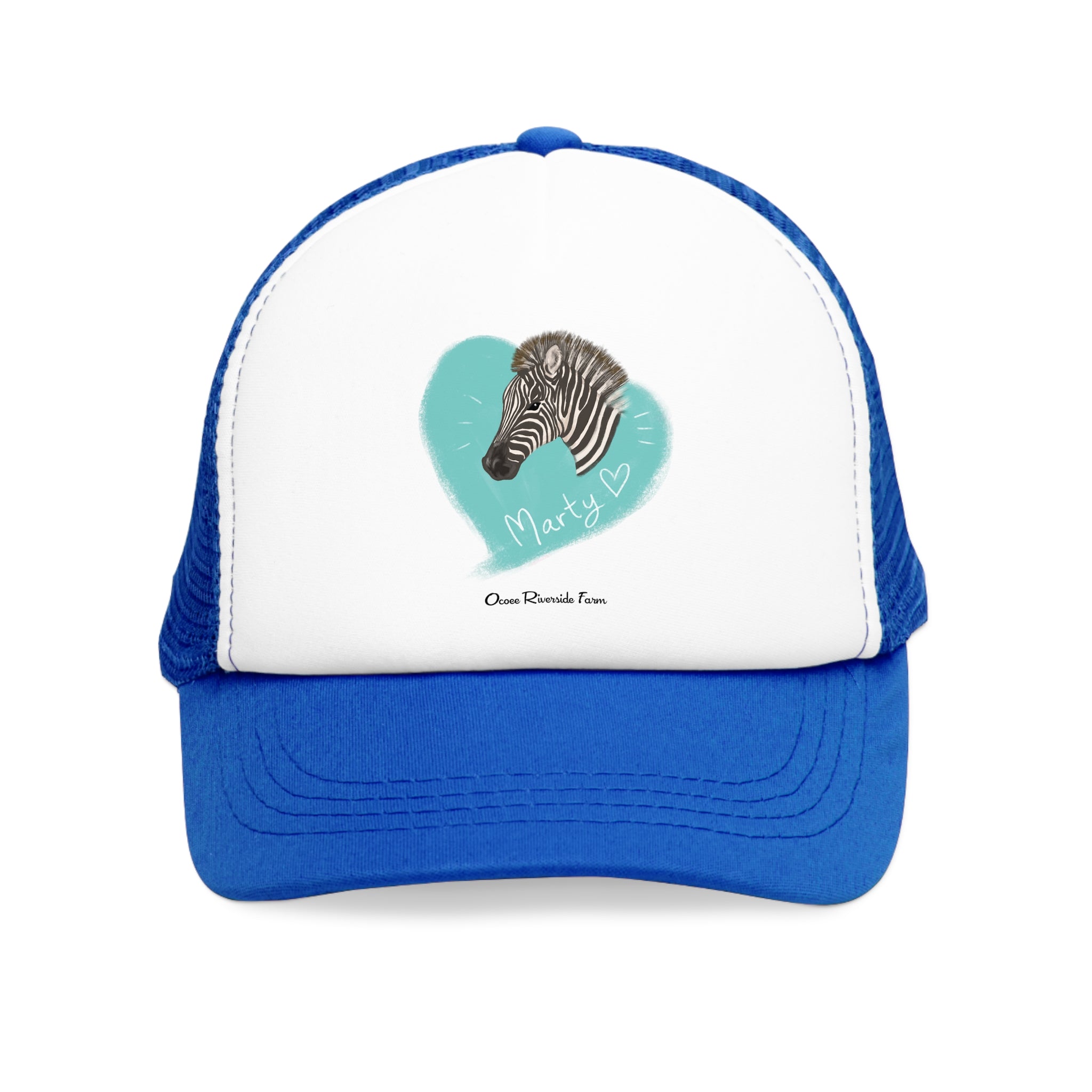 A zebra adorned with the word "Marty" creatively integrated into its stripes at Ocoee Riverside Farm Trucker Cap